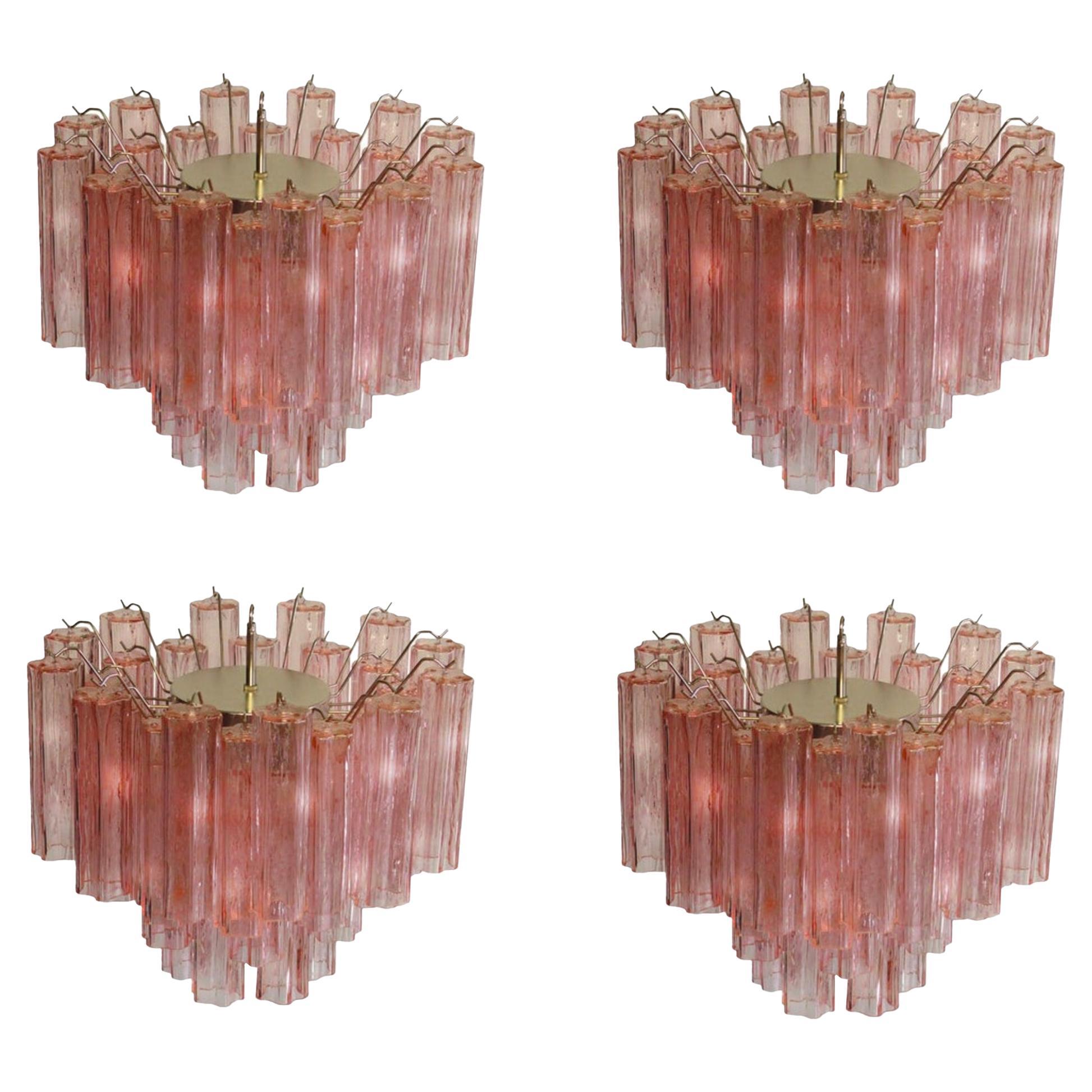 Four Tronchi Chandeliers Style Toni Zuccheri, 36 Pink Glasses, Murano, 1990 For Sale 6