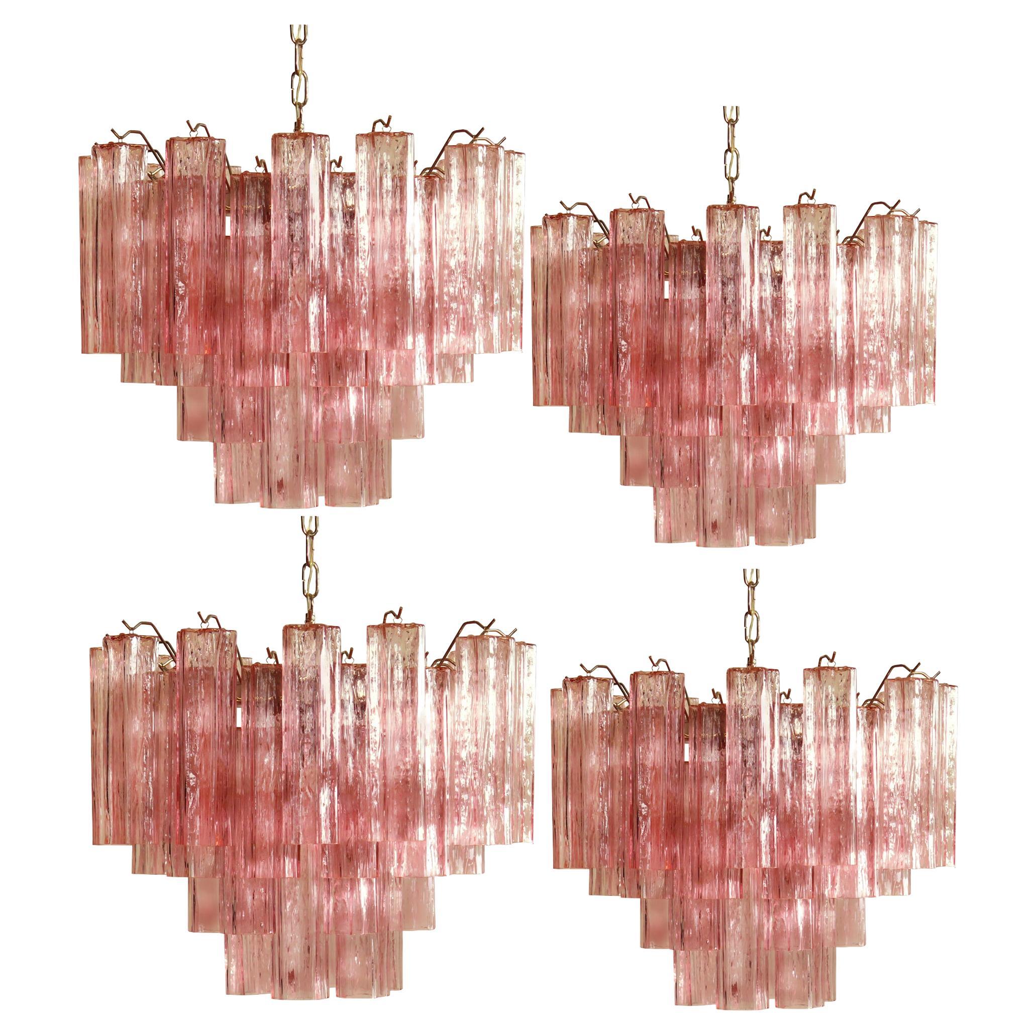 Four Tronchi Chandeliers Style Toni Zuccheri, 36 Pink Glasses, Murano, 1990 For Sale