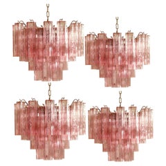 Four Tronchi Chandeliers Style Toni Zuccheri, 36 Pink Glasses, Murano, 1990