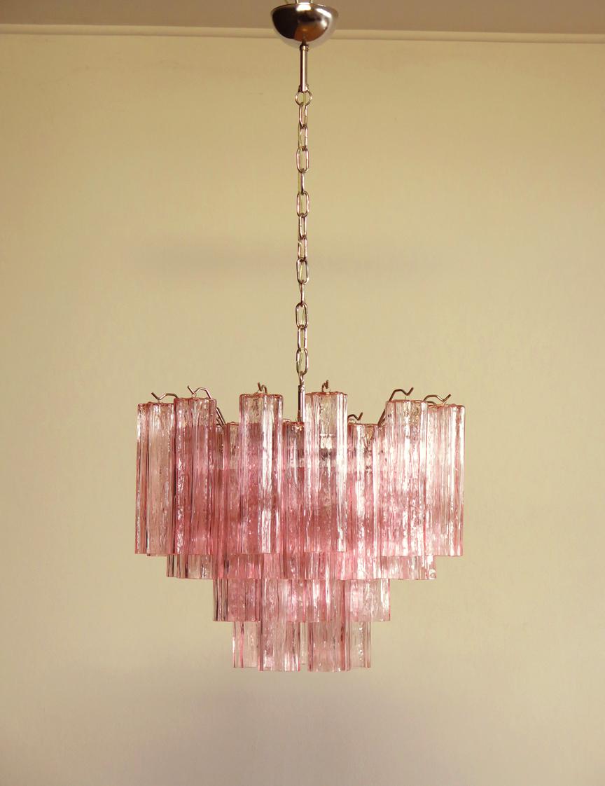 Four Tronchi Chandeliers Style Toni Zuccheri, 36 Pink Glasses, Murano, 1990 For Sale 8