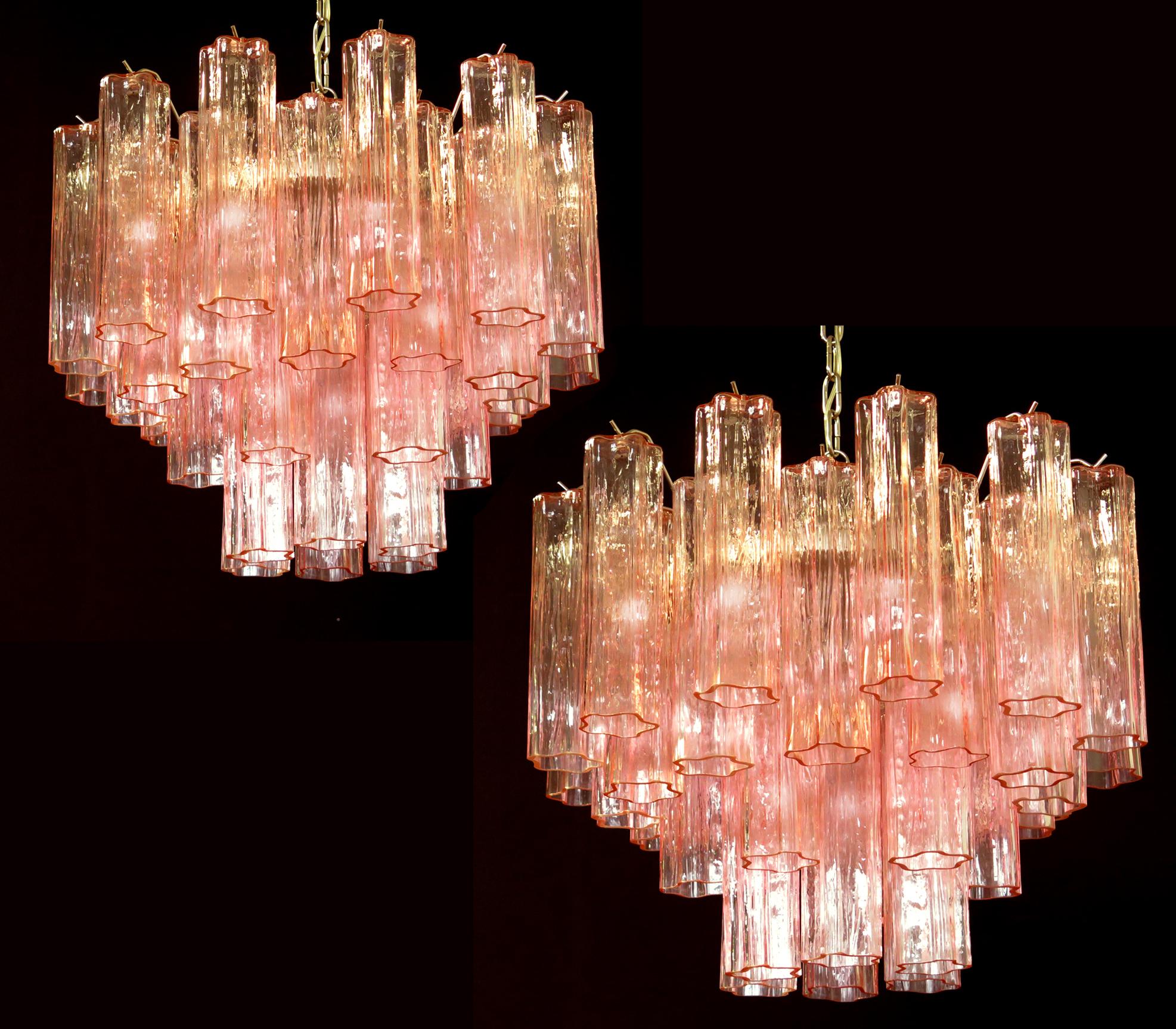 Four Tronchi Chandeliers Style Toni Zuccheri, 36 Pink Glasses, Murano, 1990 For Sale 9