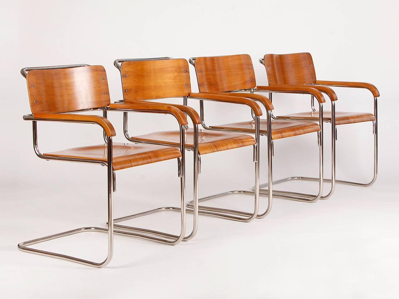 These chairs were produced in the 1930 in former Czechoslovakia by Slezak.
There were two versions, one with fabric and this one with a plywood seat.
Tomas Bata (famous shoefabricant in Zlin) used these chairs in his shops and firms,
that's why