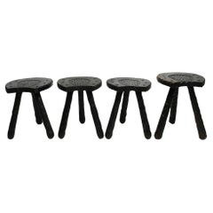 Used Four unusual Mid Century three-legged "horseshoe" stools made of pine wood 