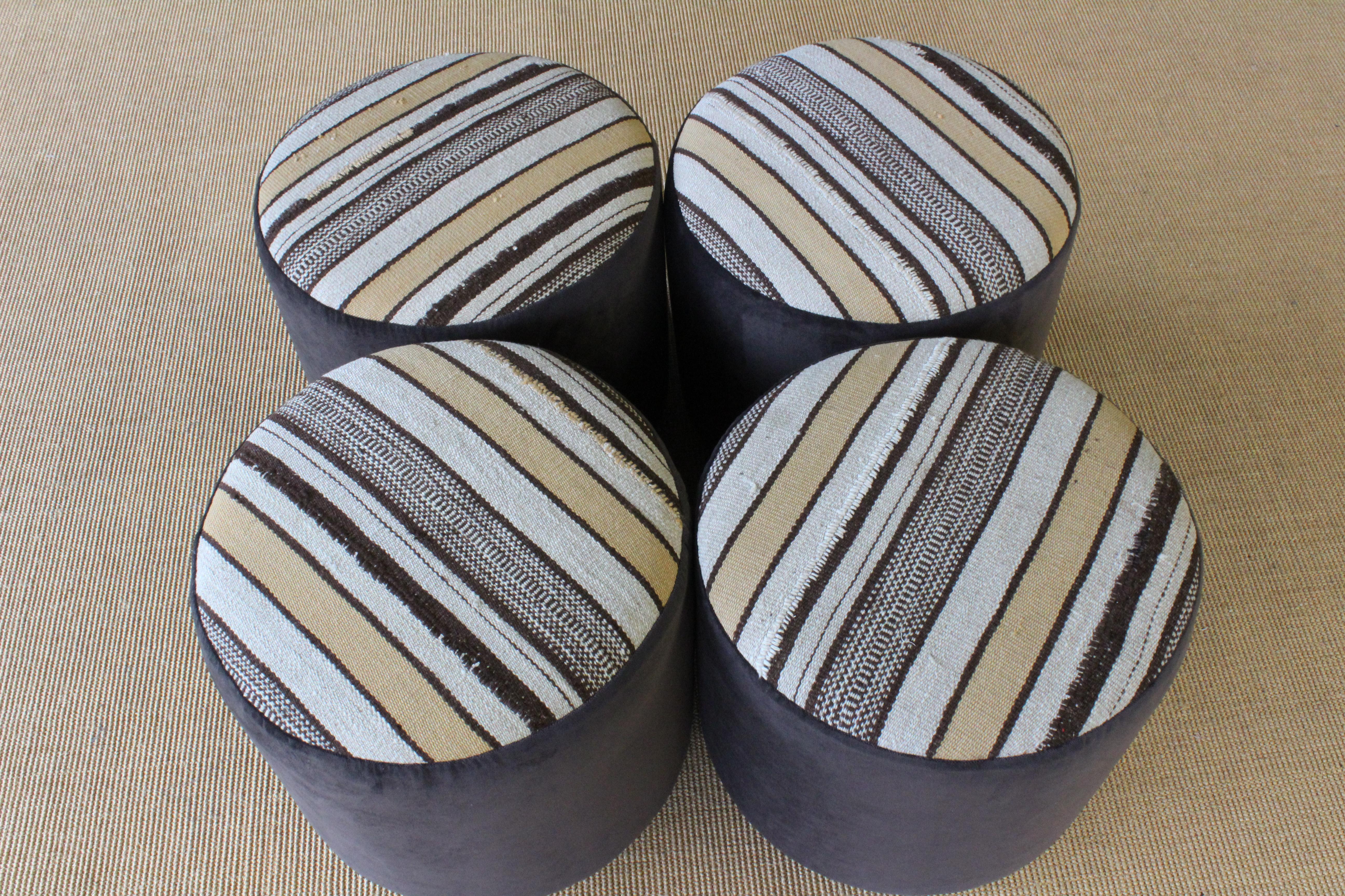 Contemporary Upholstered Kilim Stools, Three Available. 