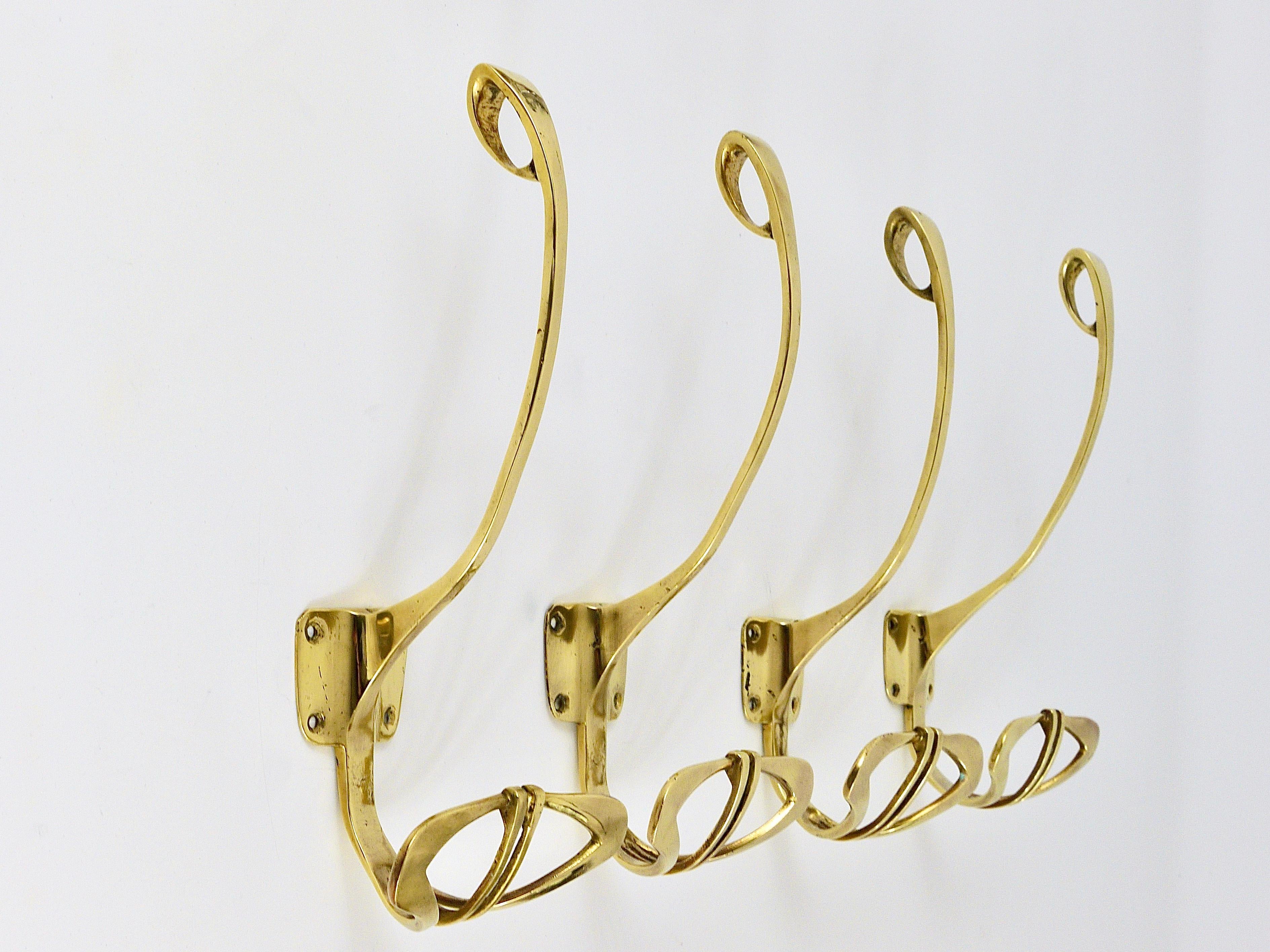 Four Very Large Handcrafted Art Nouveau Brass Wall Hooks, France, 1920s 5