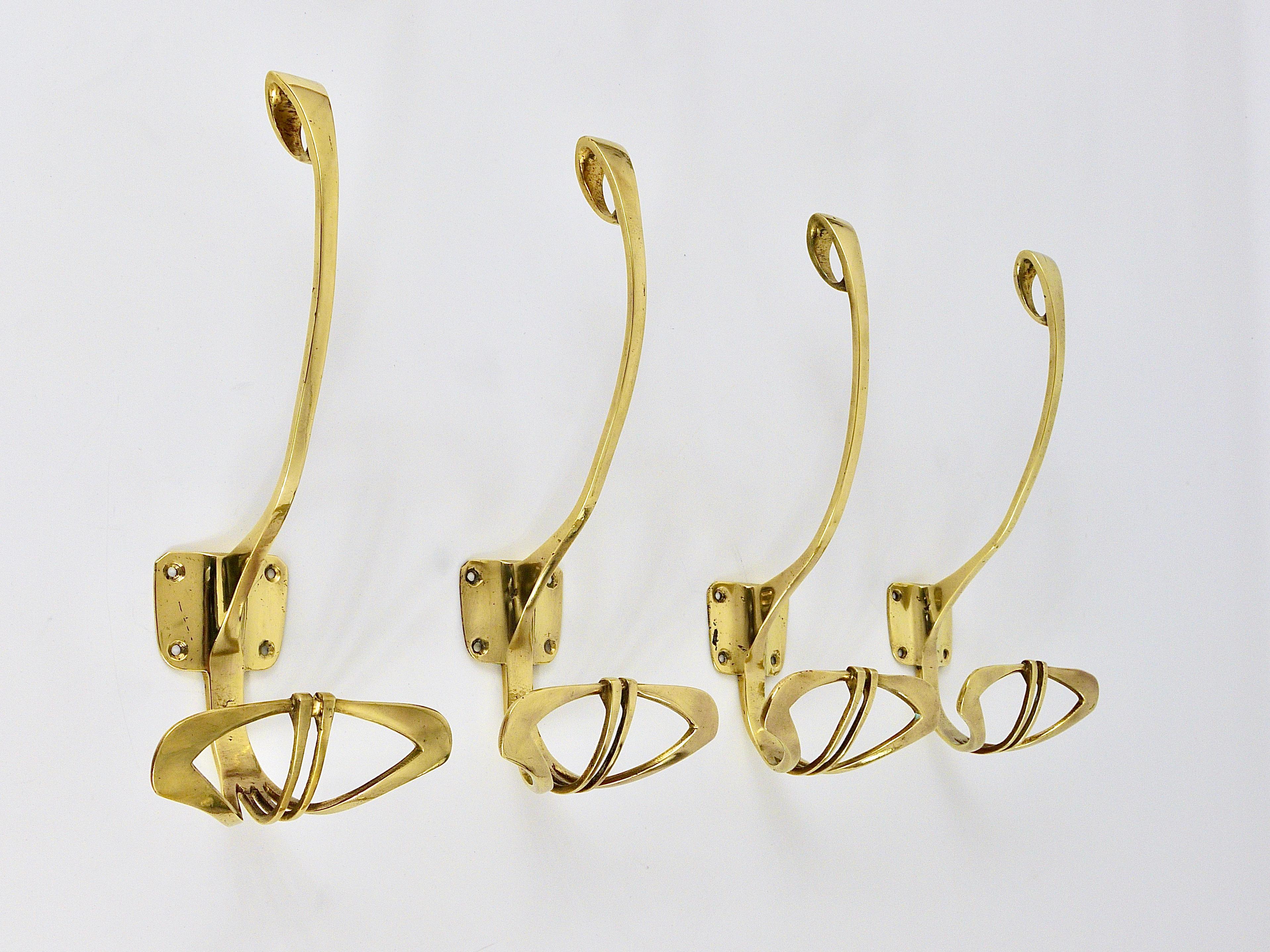 French Four Very Large Handcrafted Art Nouveau Brass Wall Hooks, France, 1920s