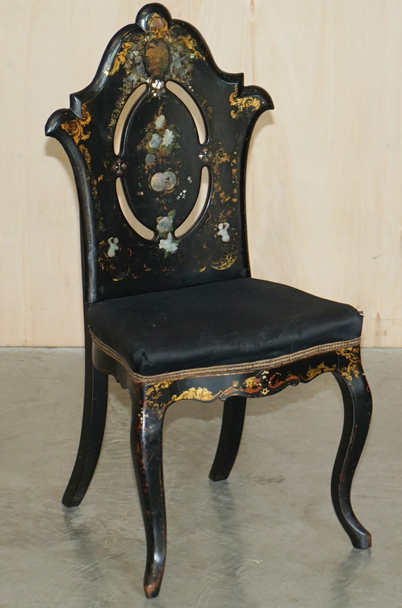 Four Very Rare Antique Regency circa 1815 Ebonsied Mother of Pearl Side Chairs For Sale 10