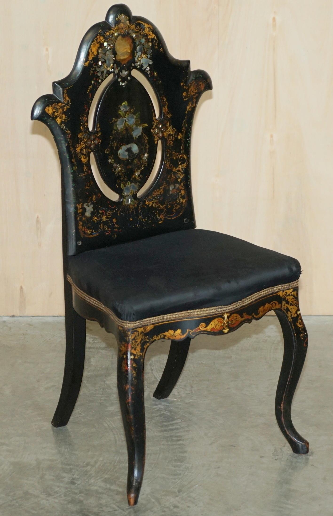 Four Very Rare Antique Regency circa 1815 Ebonsied Mother of Pearl Side Chairs For Sale 12