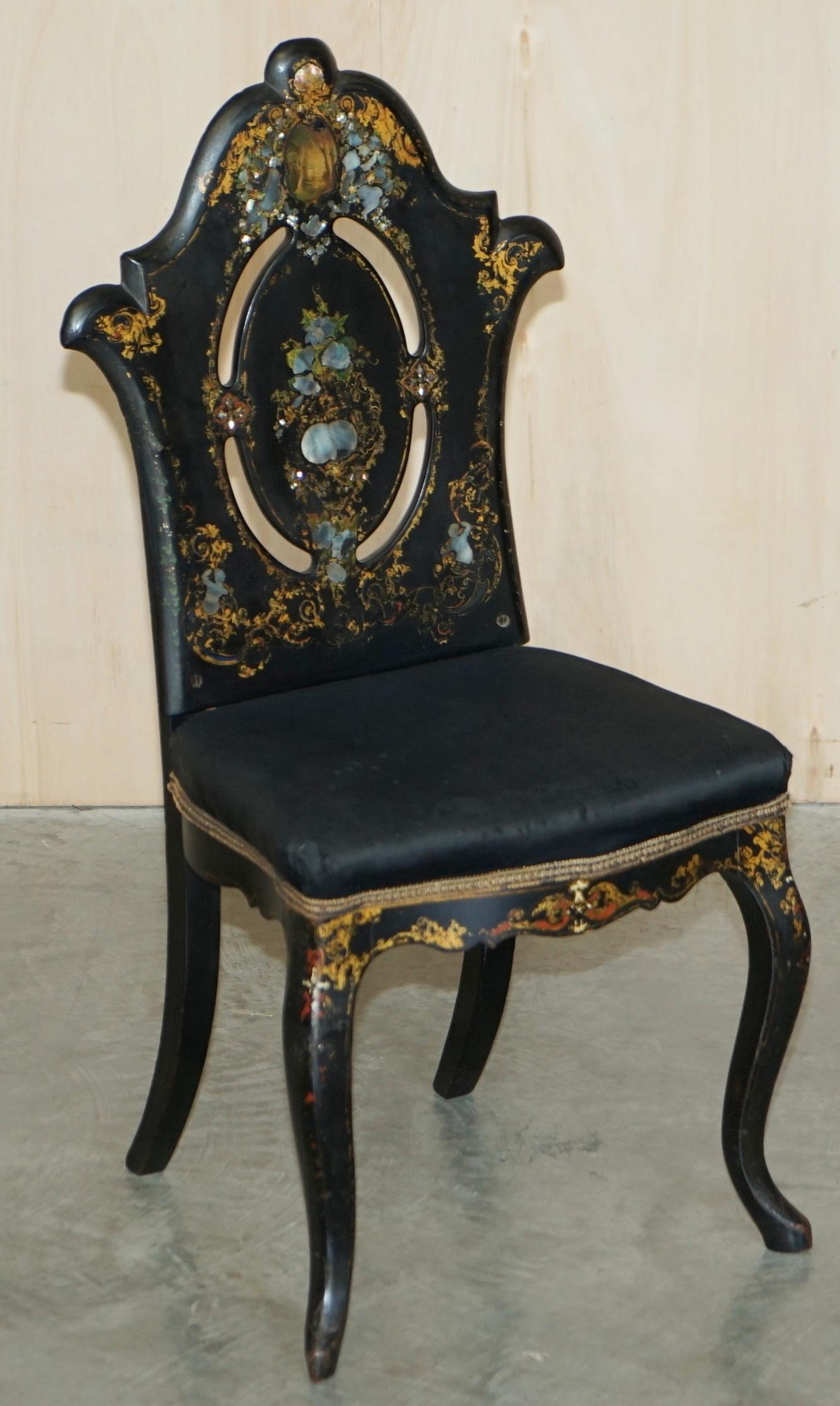 Four Very Rare Antique Regency circa 1815 Ebonsied Mother of Pearl Side Chairs For Sale 14