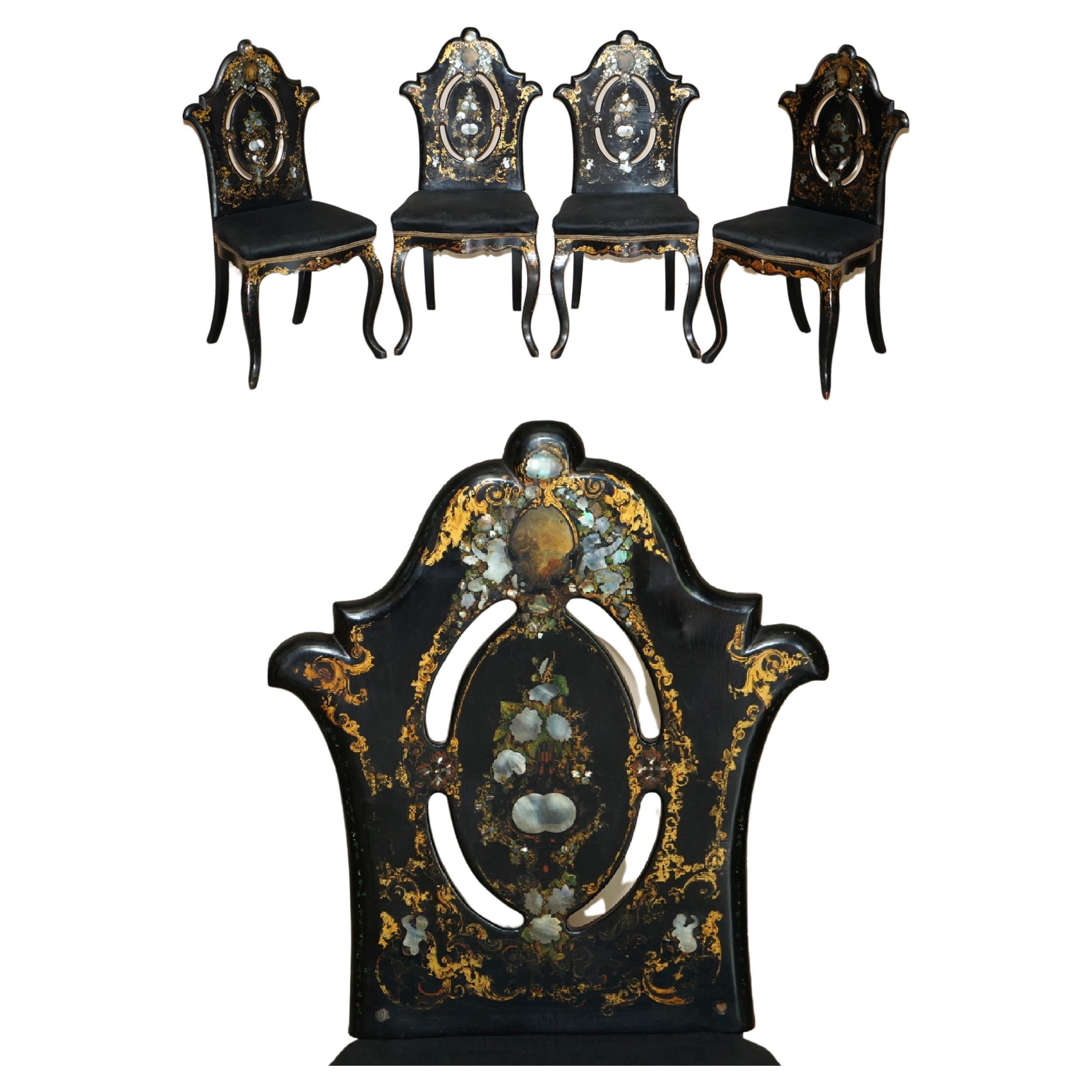 Four Very Rare Antique Regency circa 1815 Ebonsied Mother of Pearl Side Chairs For Sale