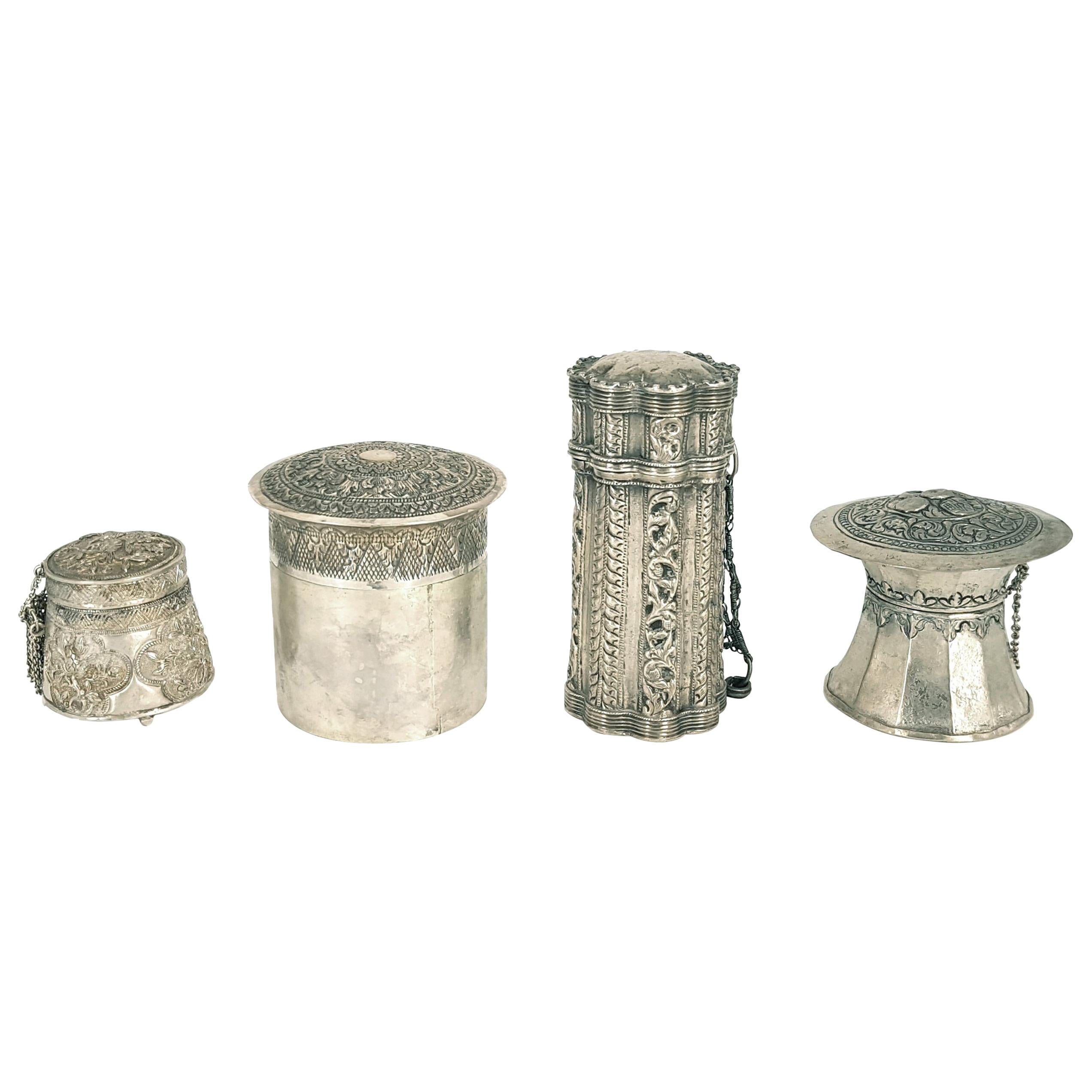 Four Vessels with Indonesian Lids in Repoussé Silver For Sale