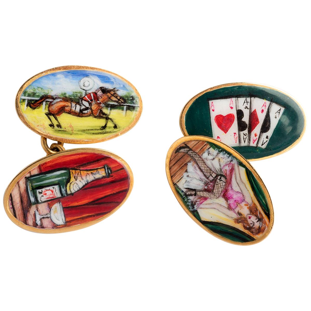 Four Vices Enamelled Antique Cufflinks, 18 Karat Yellow Gold Hallmarked UK 1923