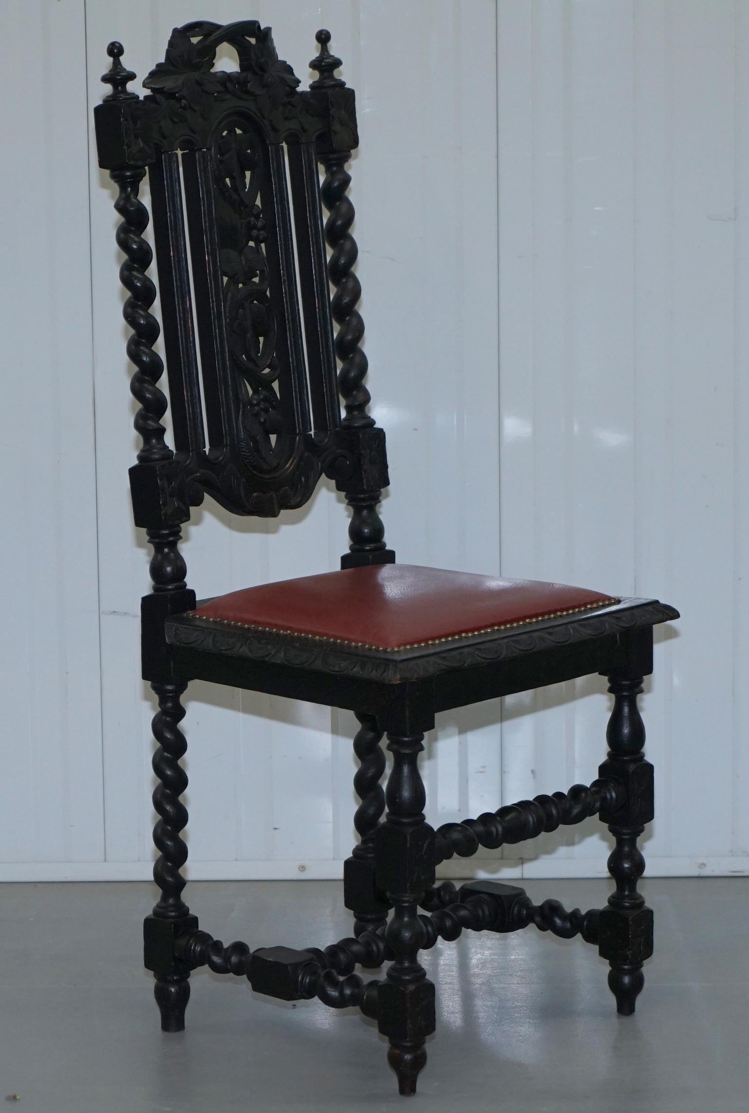 Four Victorian Carved Oak Dining Chairs Leather Upholstery Gothic Part Suite 3