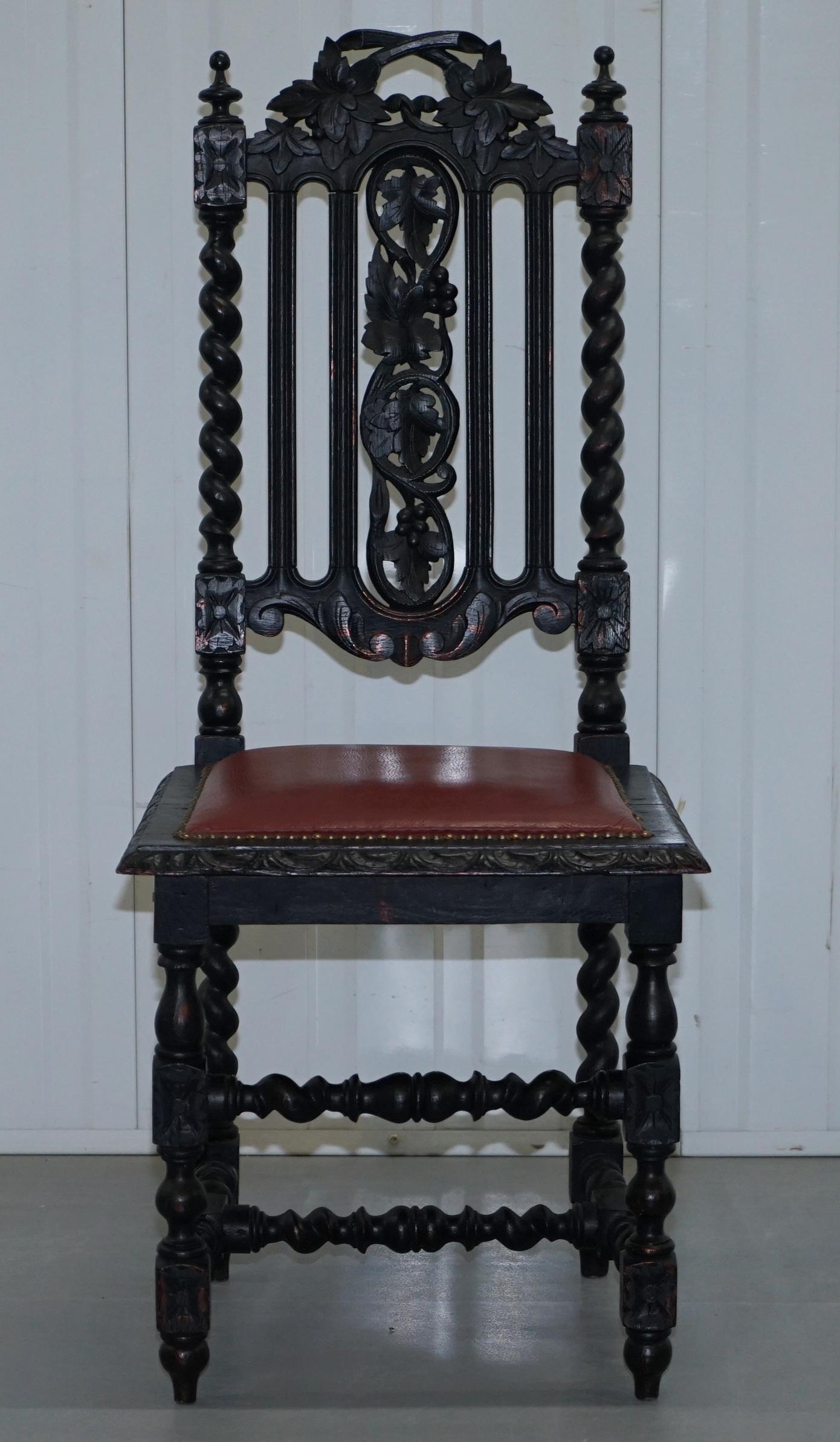 Four Victorian Carved Oak Dining Chairs Leather Upholstery Gothic Part Suite 4