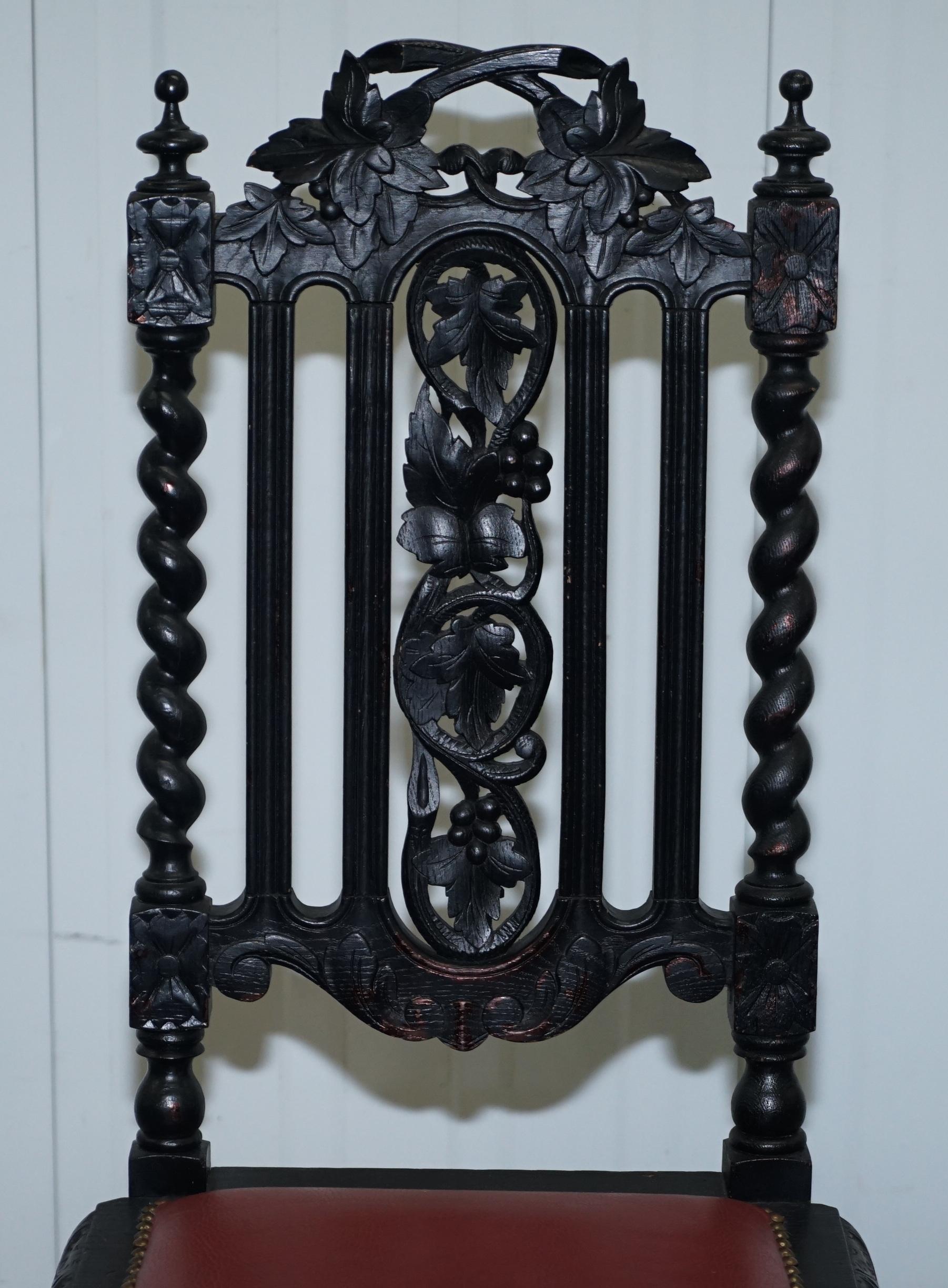 Four Victorian Carved Oak Dining Chairs Leather Upholstery Gothic Part Suite 5