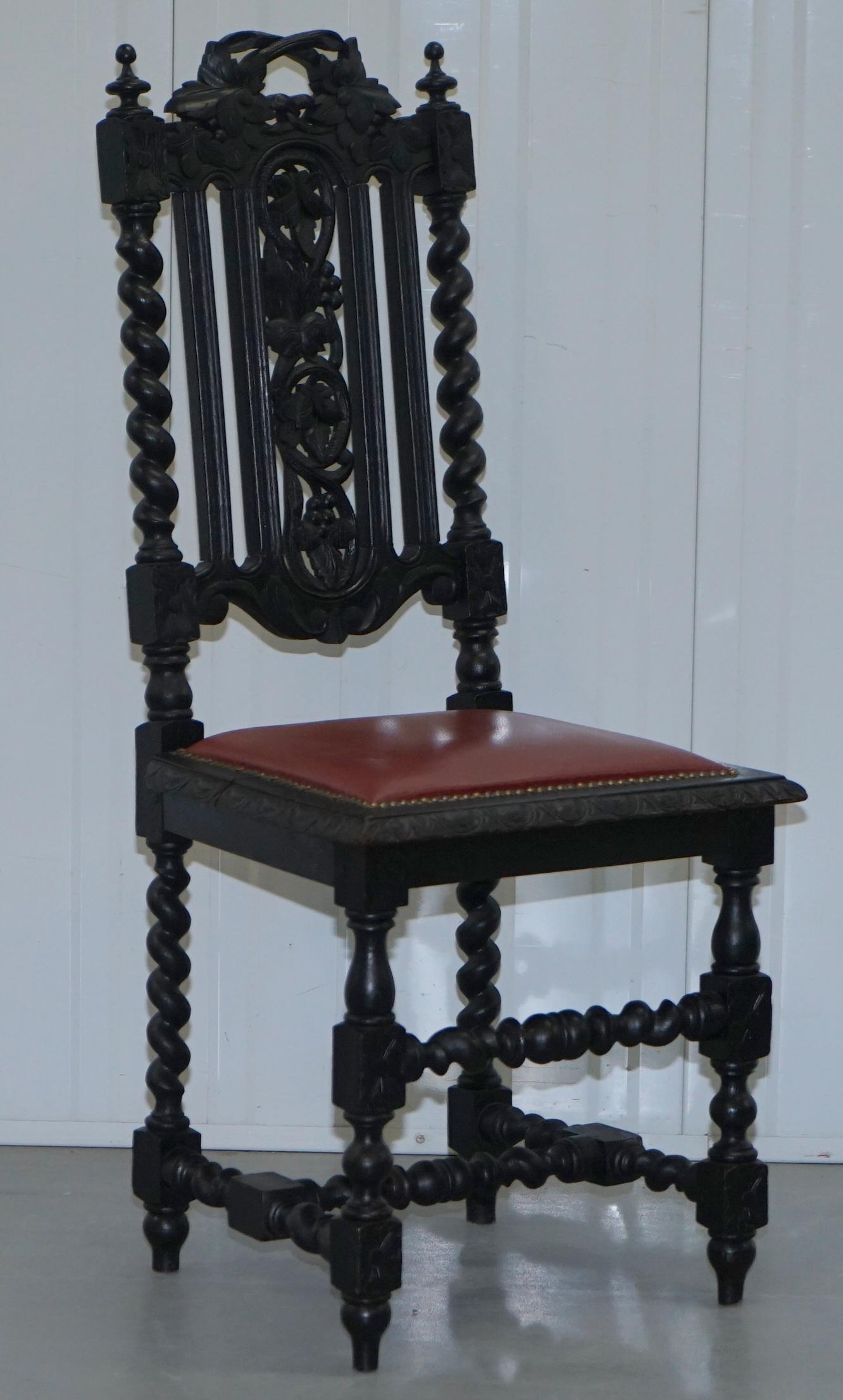 Four Victorian Carved Oak Dining Chairs Leather Upholstery Gothic Part Suite 6
