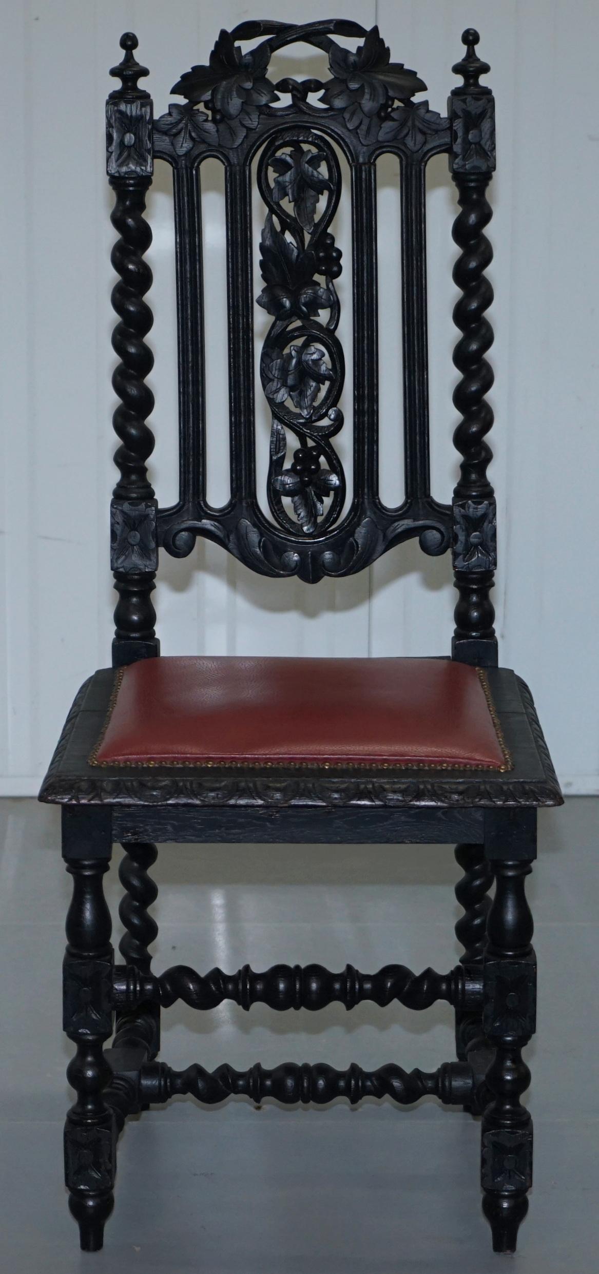 Four Victorian Carved Oak Dining Chairs Leather Upholstery Gothic Part Suite 7