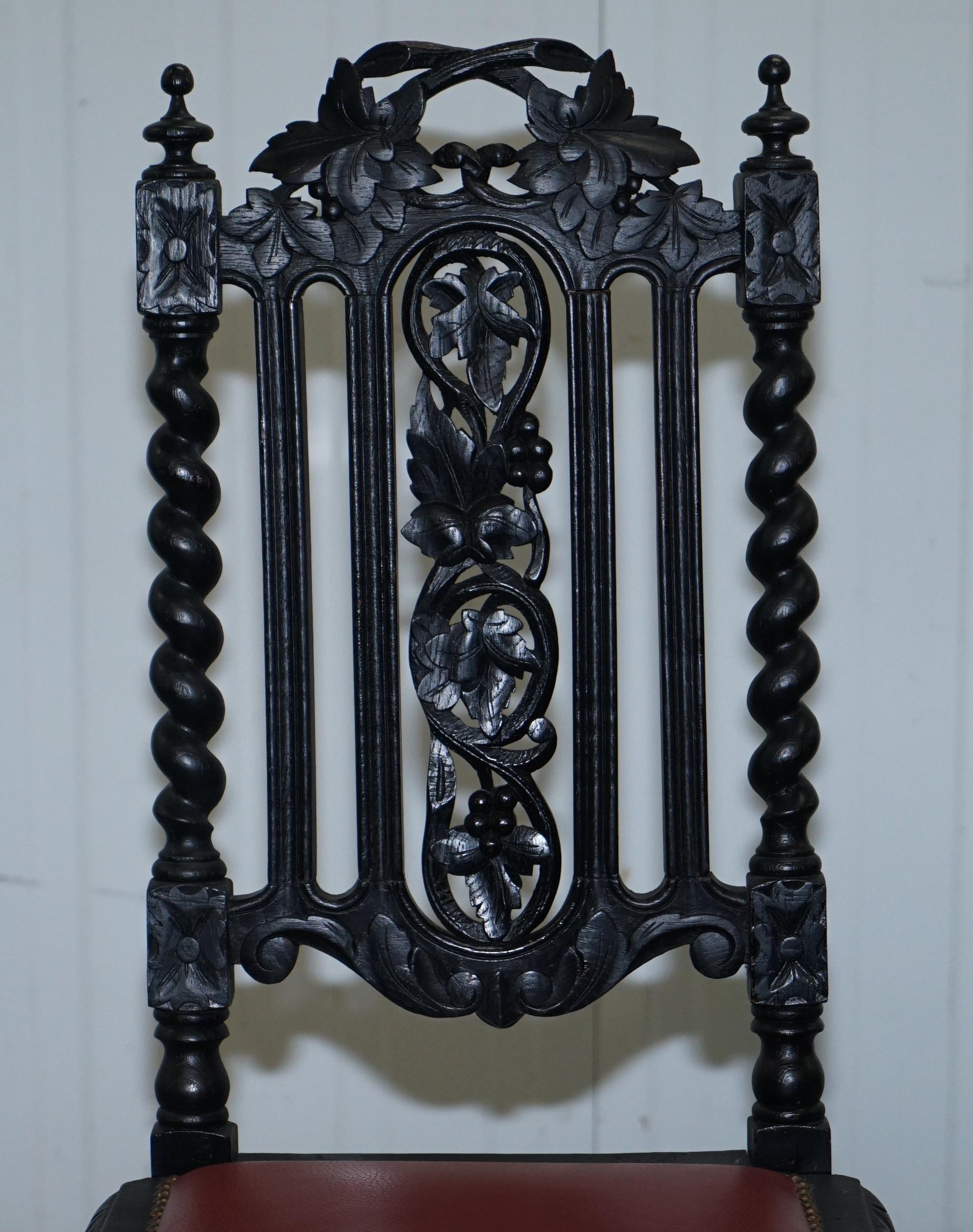 Four Victorian Carved Oak Dining Chairs Leather Upholstery Gothic Part Suite 7