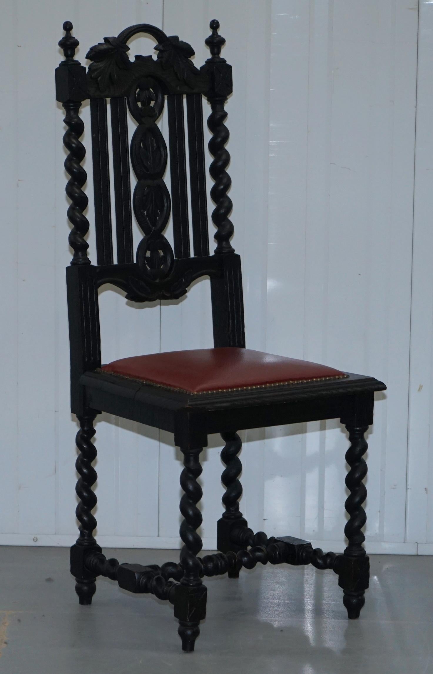 Four Victorian Carved Oak Dining Chairs Leather Upholstery Gothic Part Suite 9