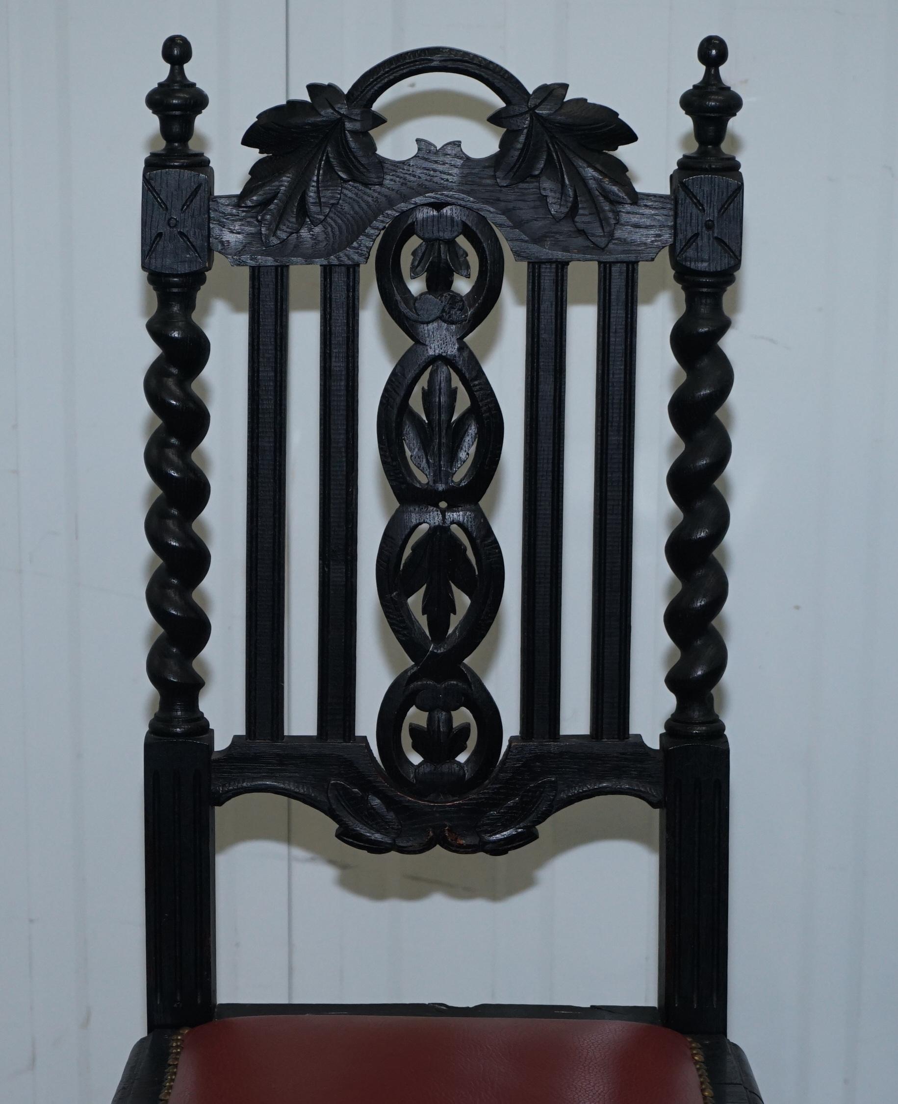 Four Victorian Carved Oak Dining Chairs Leather Upholstery Gothic Part Suite 10