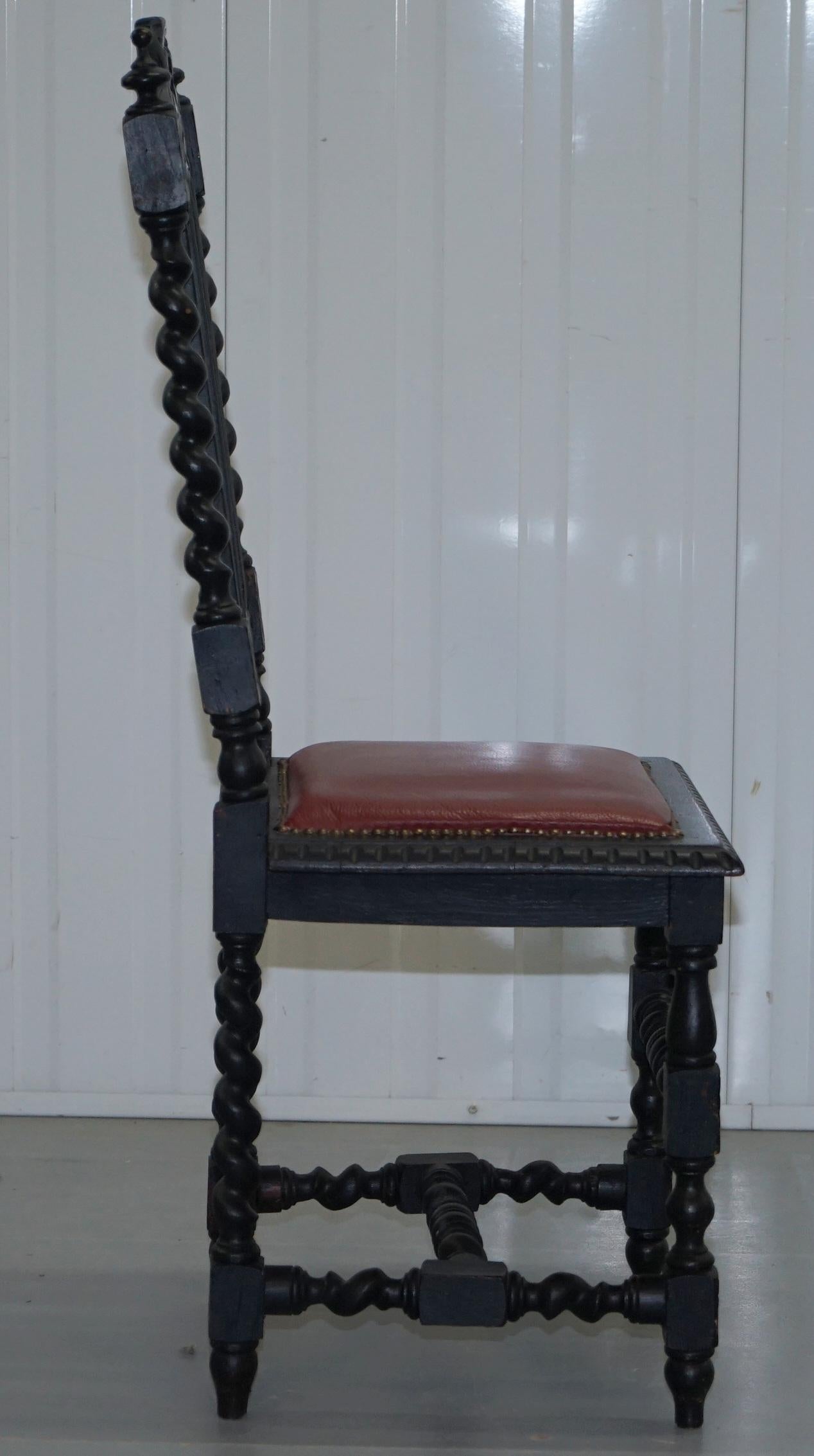 19th Century Four Victorian Carved Oak Dining Chairs Leather Upholstery Gothic Part Suite