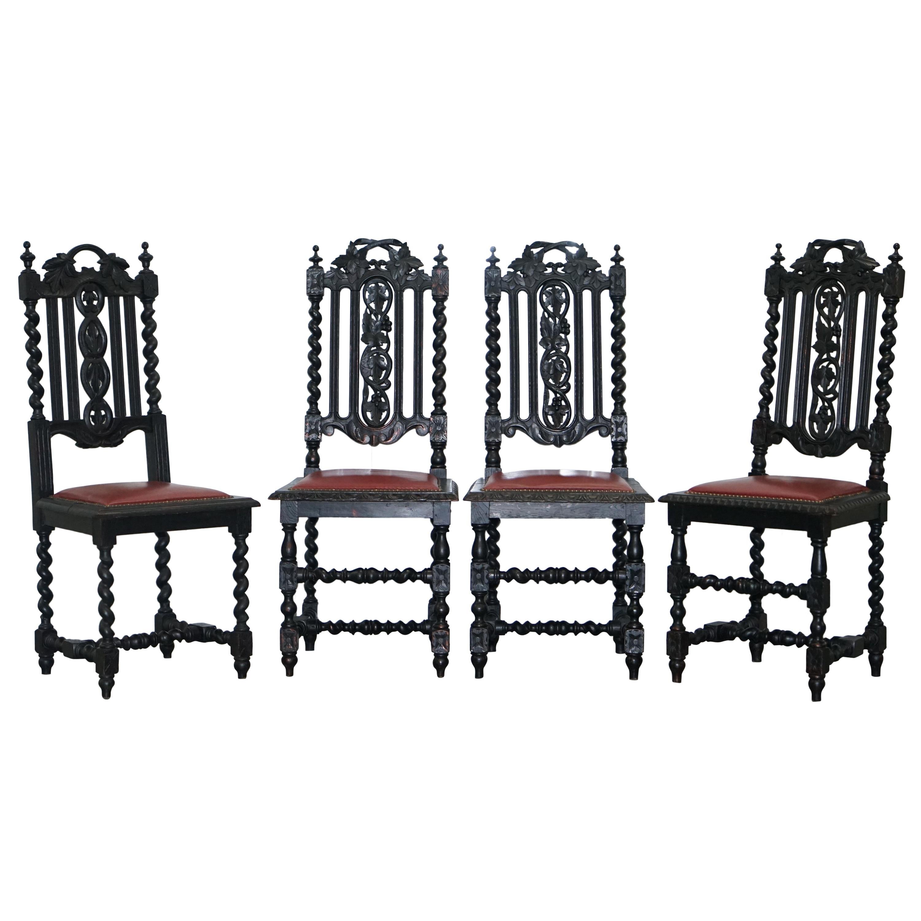 Four Victorian Carved Oak Dining Chairs Leather Upholstery Gothic Part Suite