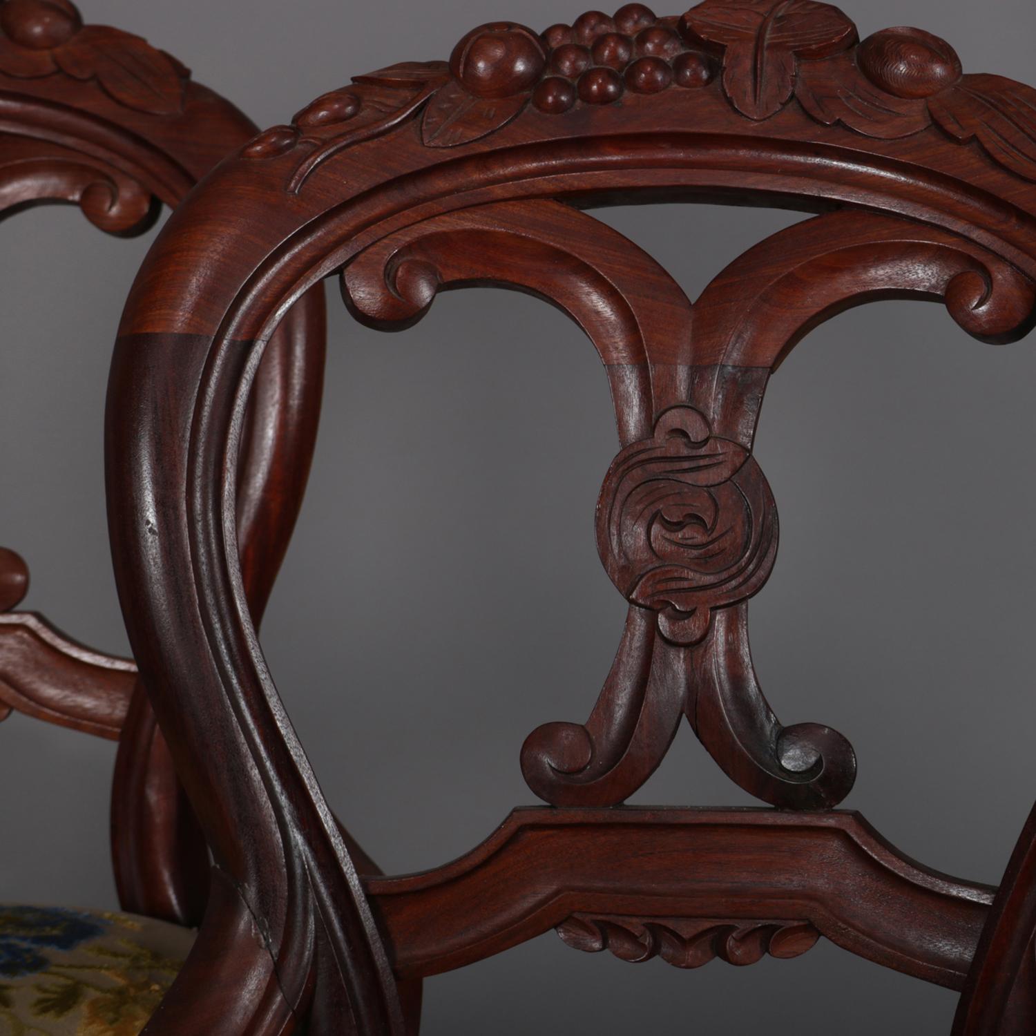 Four Victorian Carved Walnut and Crewel Embroidery Balloon Back Chairs In Good Condition In Big Flats, NY