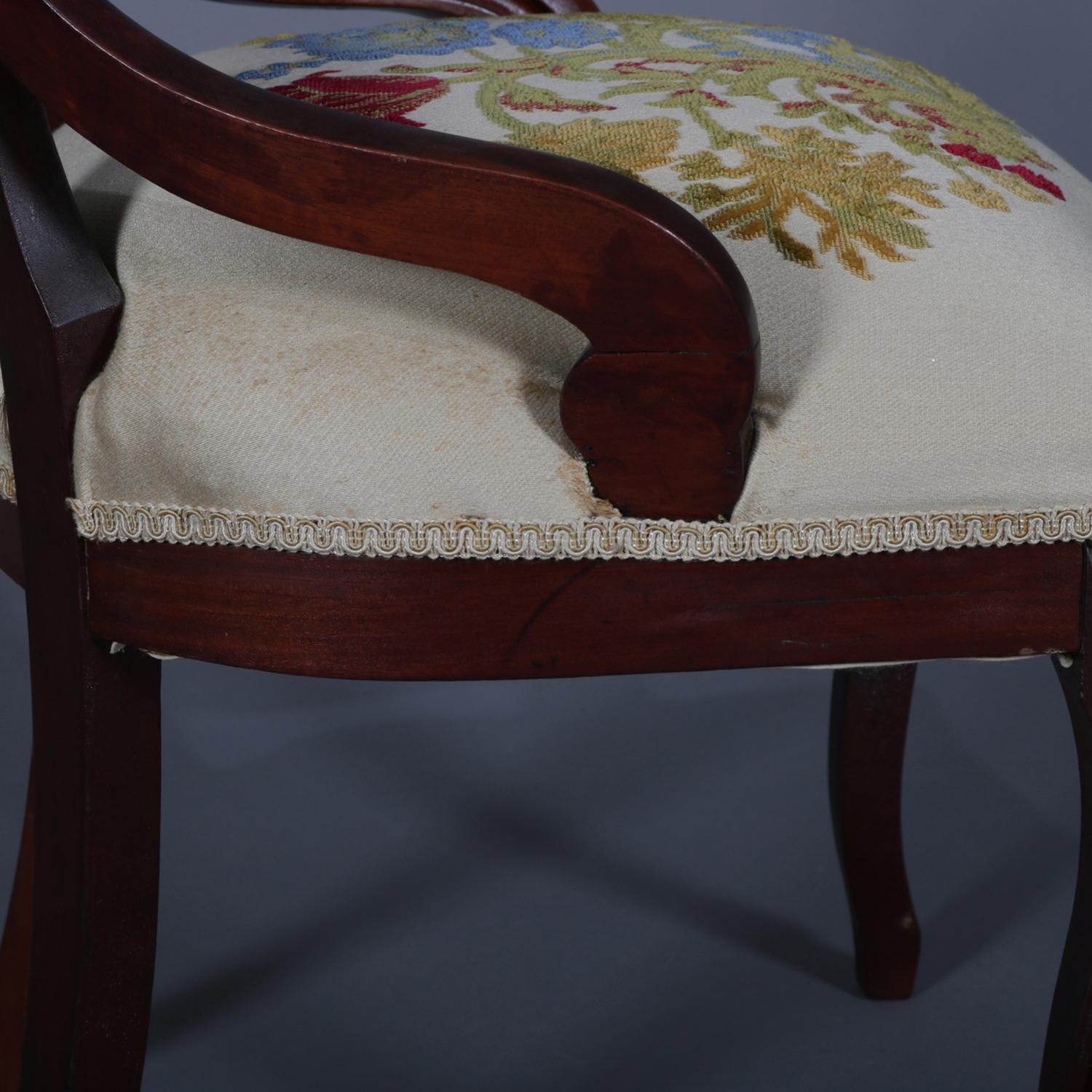 Upholstery Four Victorian Carved Walnut and Crewel Embroidery Balloon Back Chairs