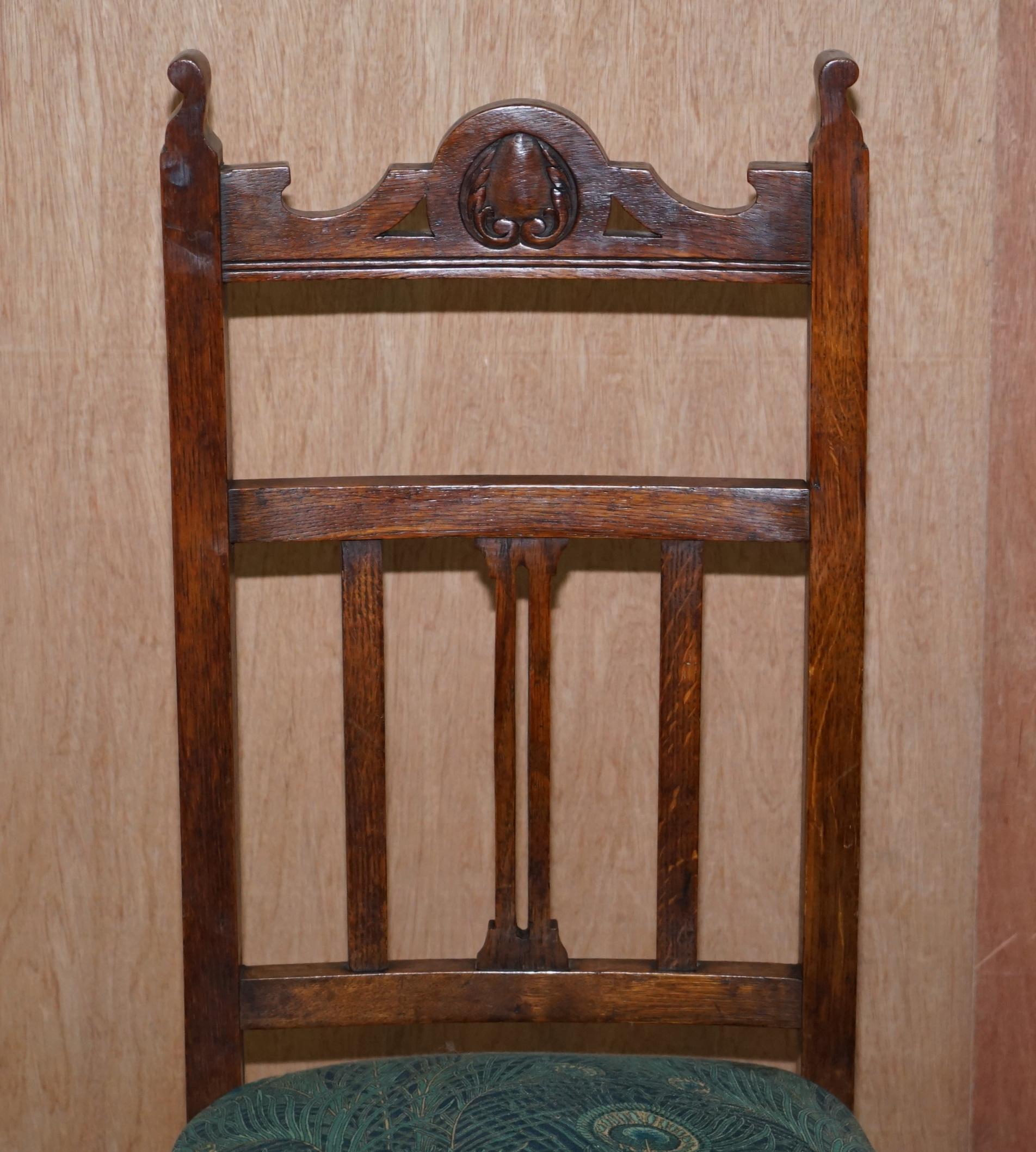Four Victorian Libertys London Oak with Hera Upholstery Dining Chairs Carved 7