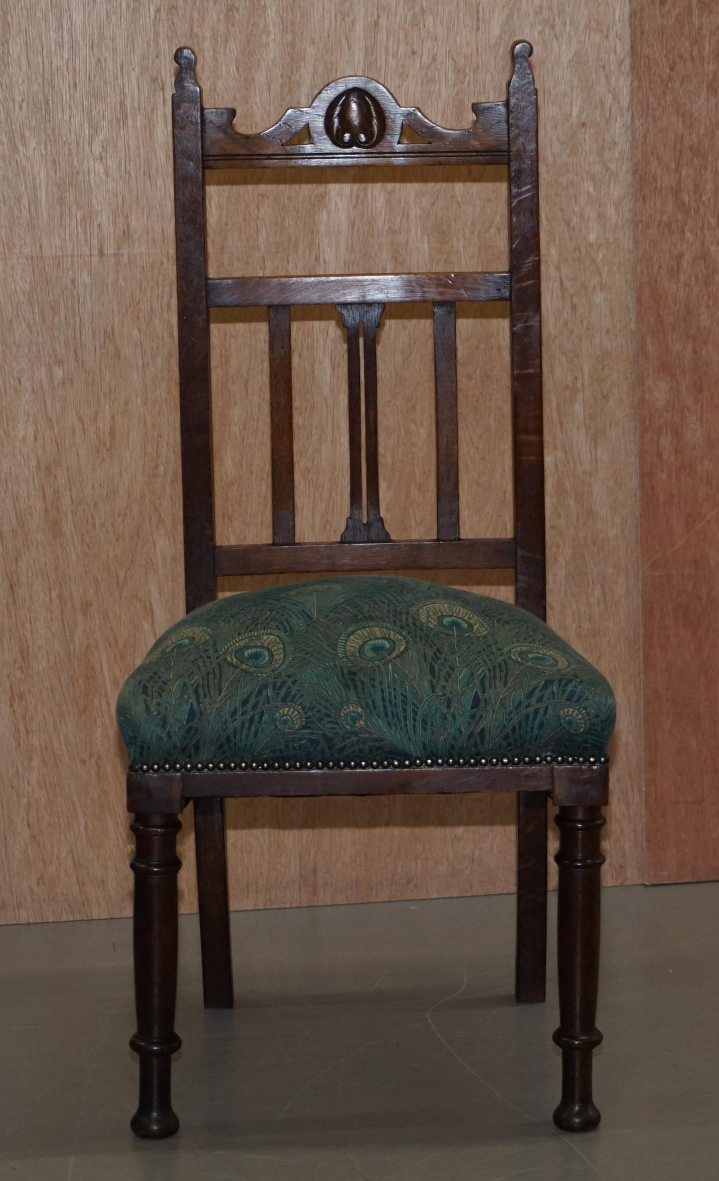 English Four Victorian Libertys London Oak with Hera Upholstery Dining Chairs Carved
