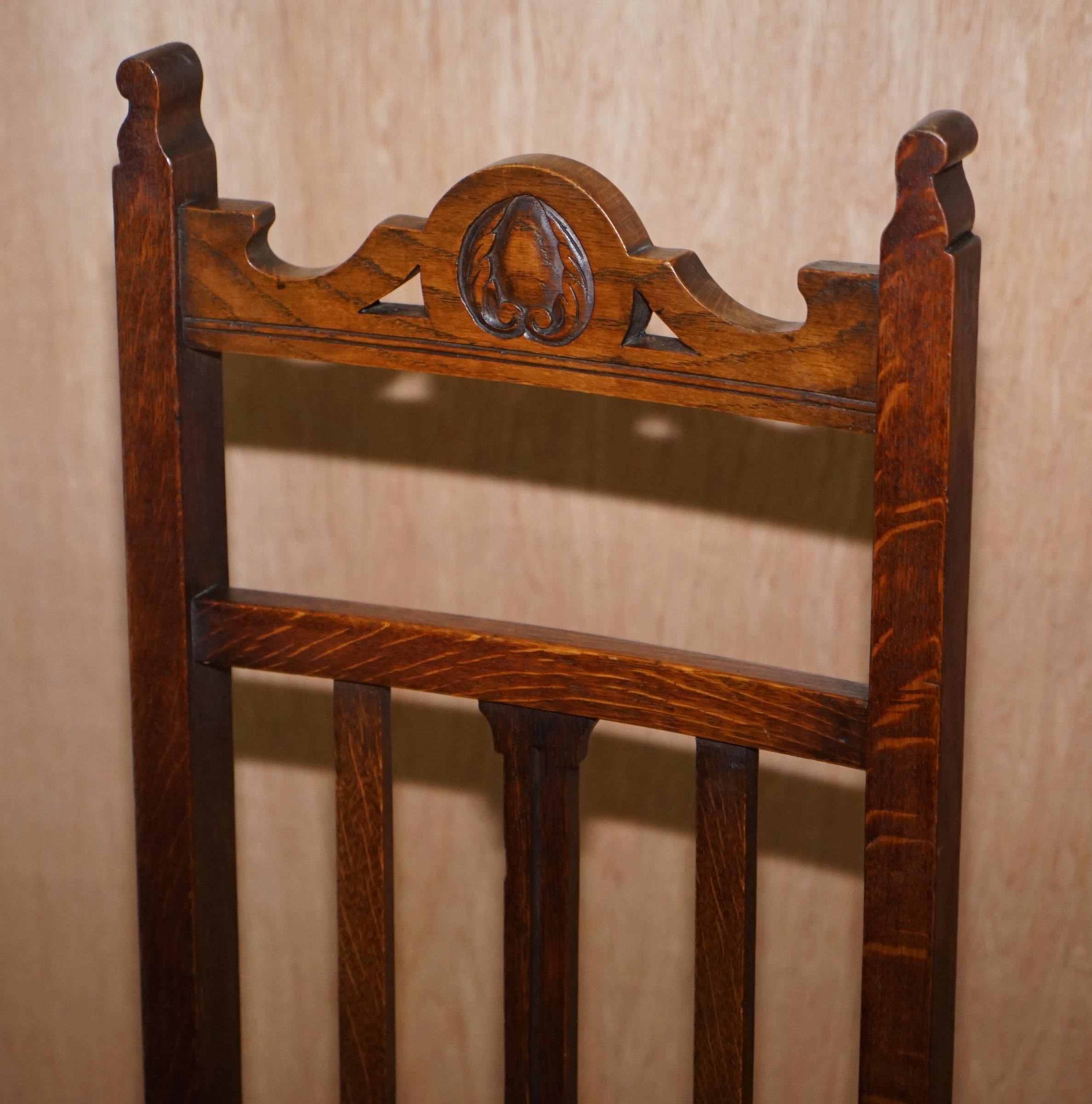 Four Victorian Libertys London Oak with Hera Upholstery Dining Chairs Carved In Good Condition In West Sussex, Pulborough