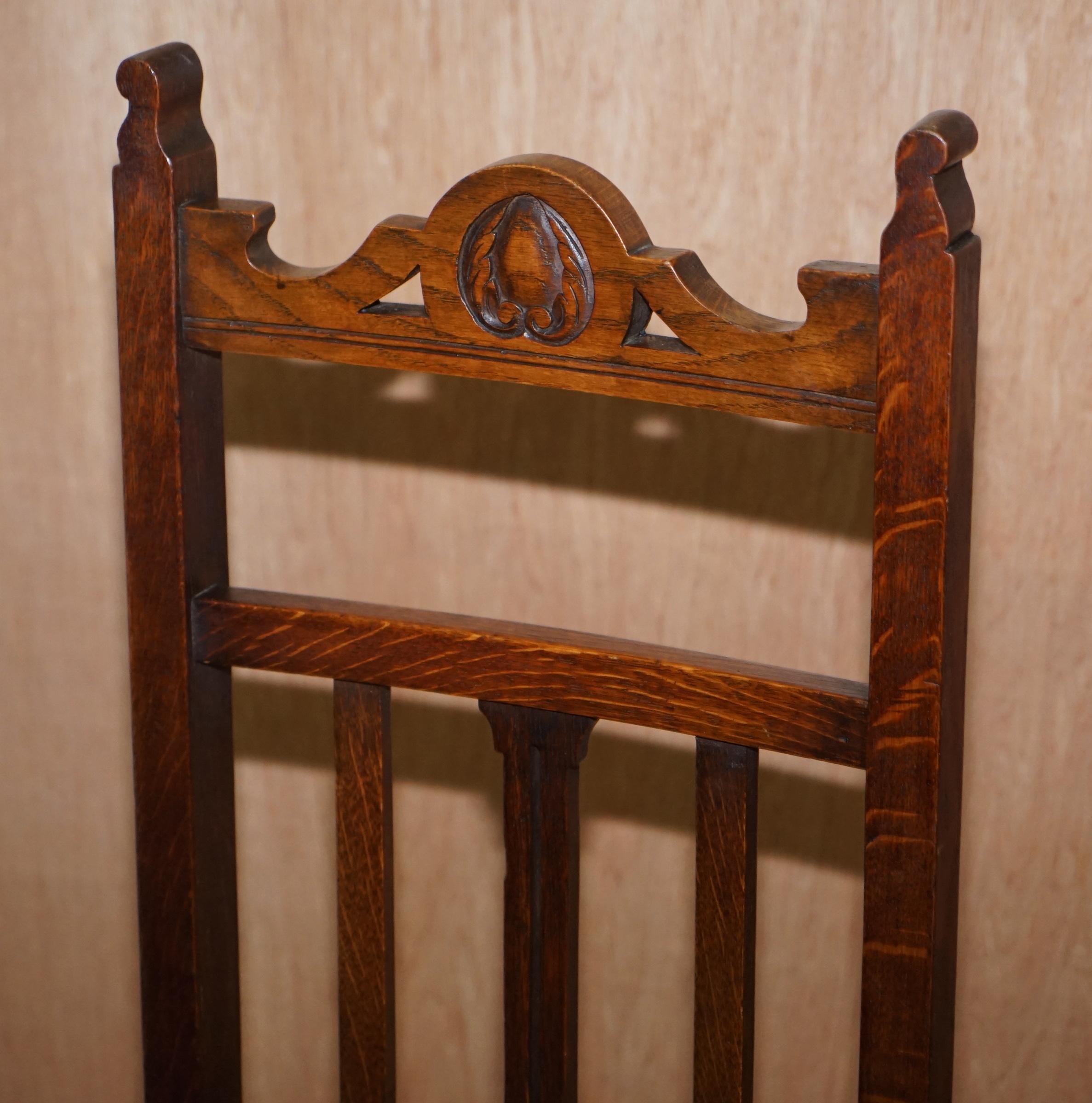 19th Century Four Victorian Libertys London Oak with Hera Upholstery Dining Chairs Carved