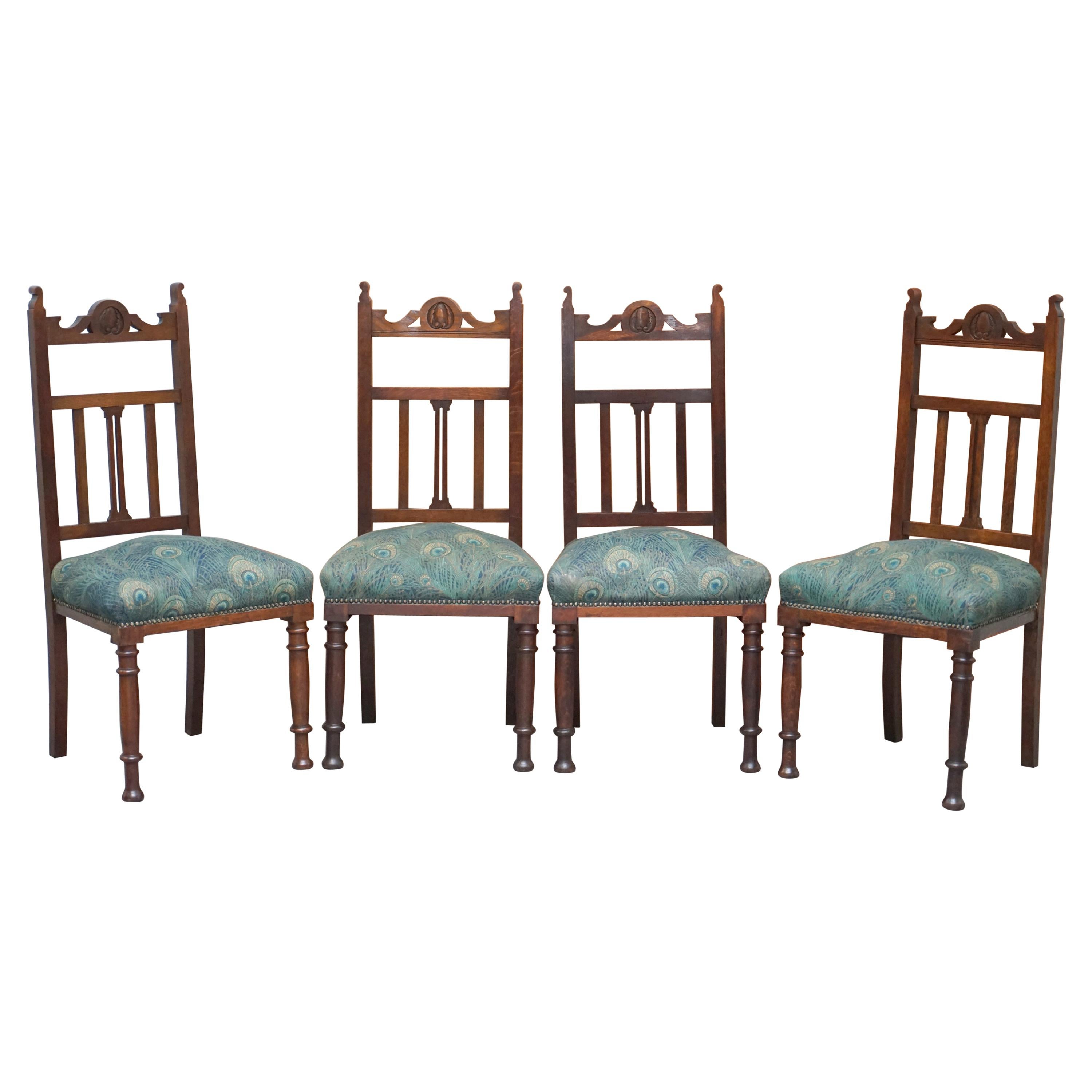 Four Victorian Libertys London Oak with Hera Upholstery Dining Chairs Carved