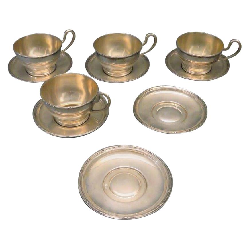 Four Viennese Tea Cups with Six Saucers, circa 1900, Sterling Silver