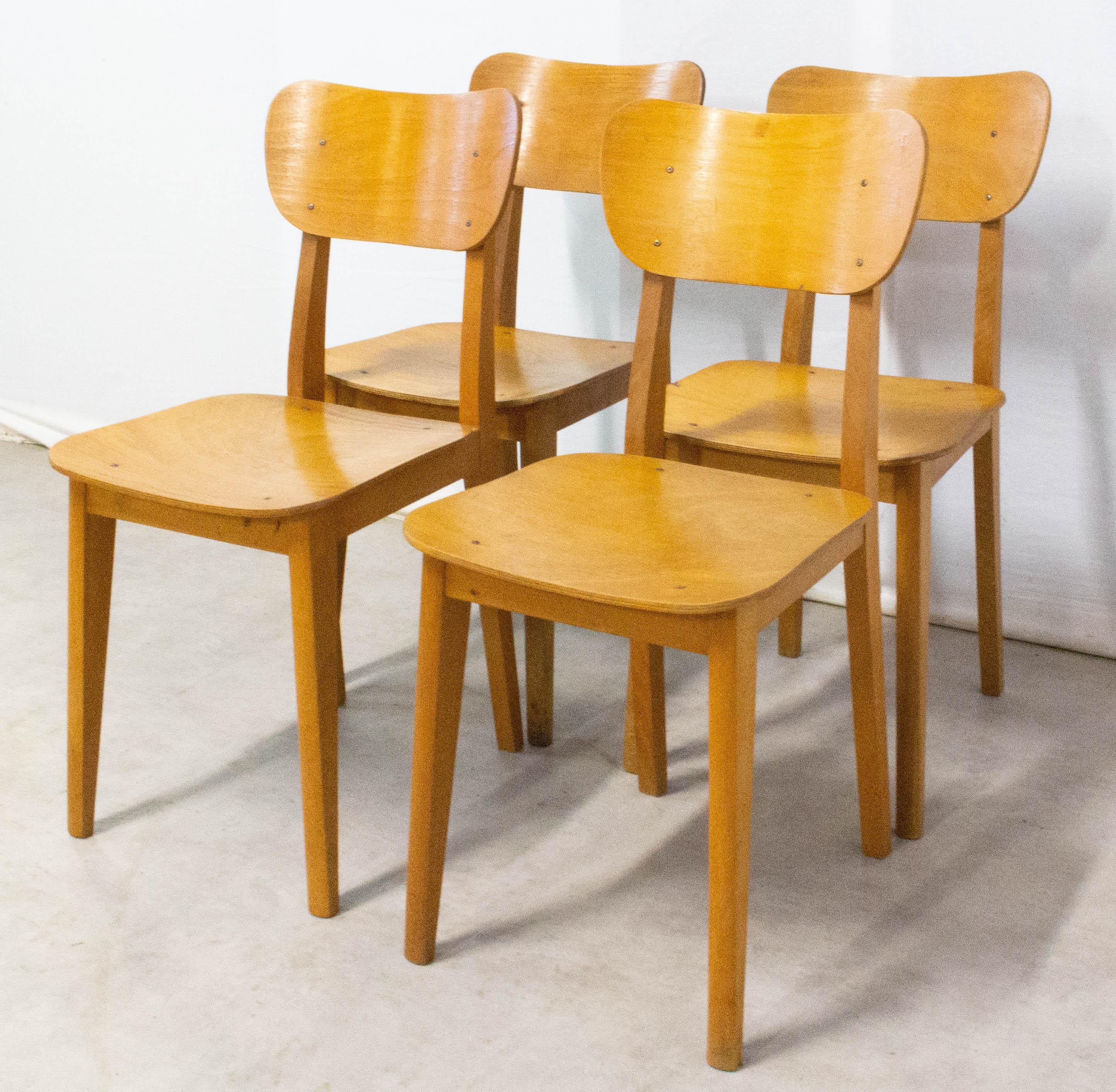 Mid-Century Modern Four Vintage Beech Dining Chairs, French, circa 1950 For Sale