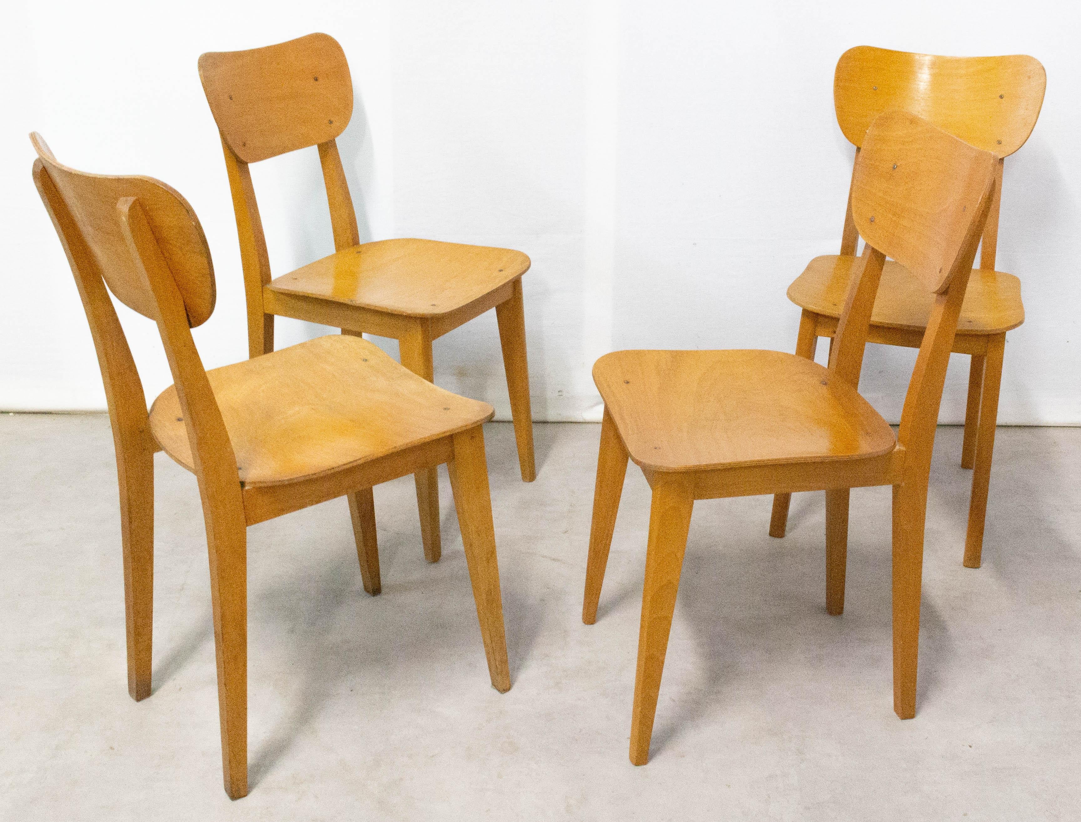 Four Vintage Beech Dining Chairs, French, circa 1950 In Good Condition For Sale In Labrit, Landes