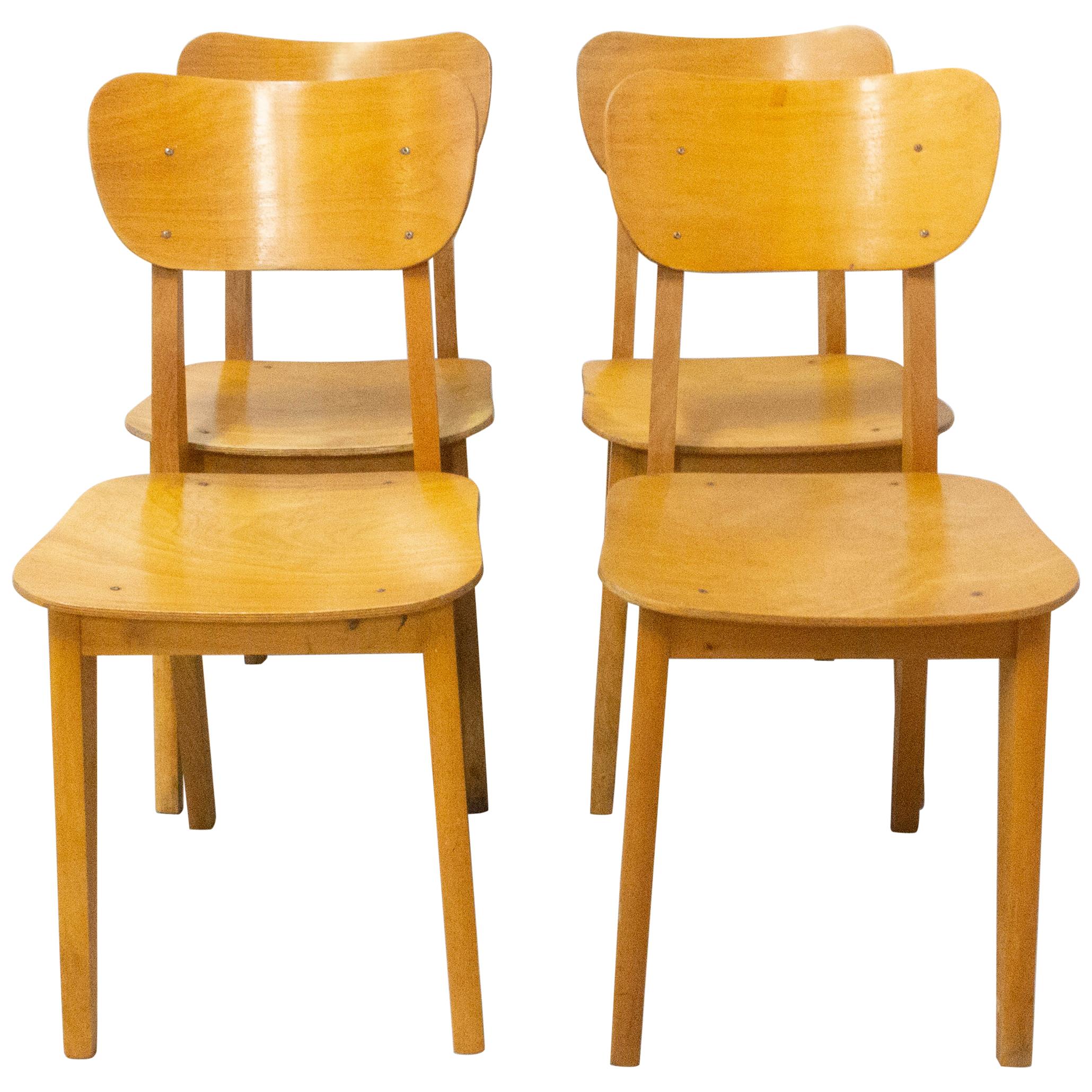 Four Vintage Beech Dining Chairs, French, circa 1950 For Sale