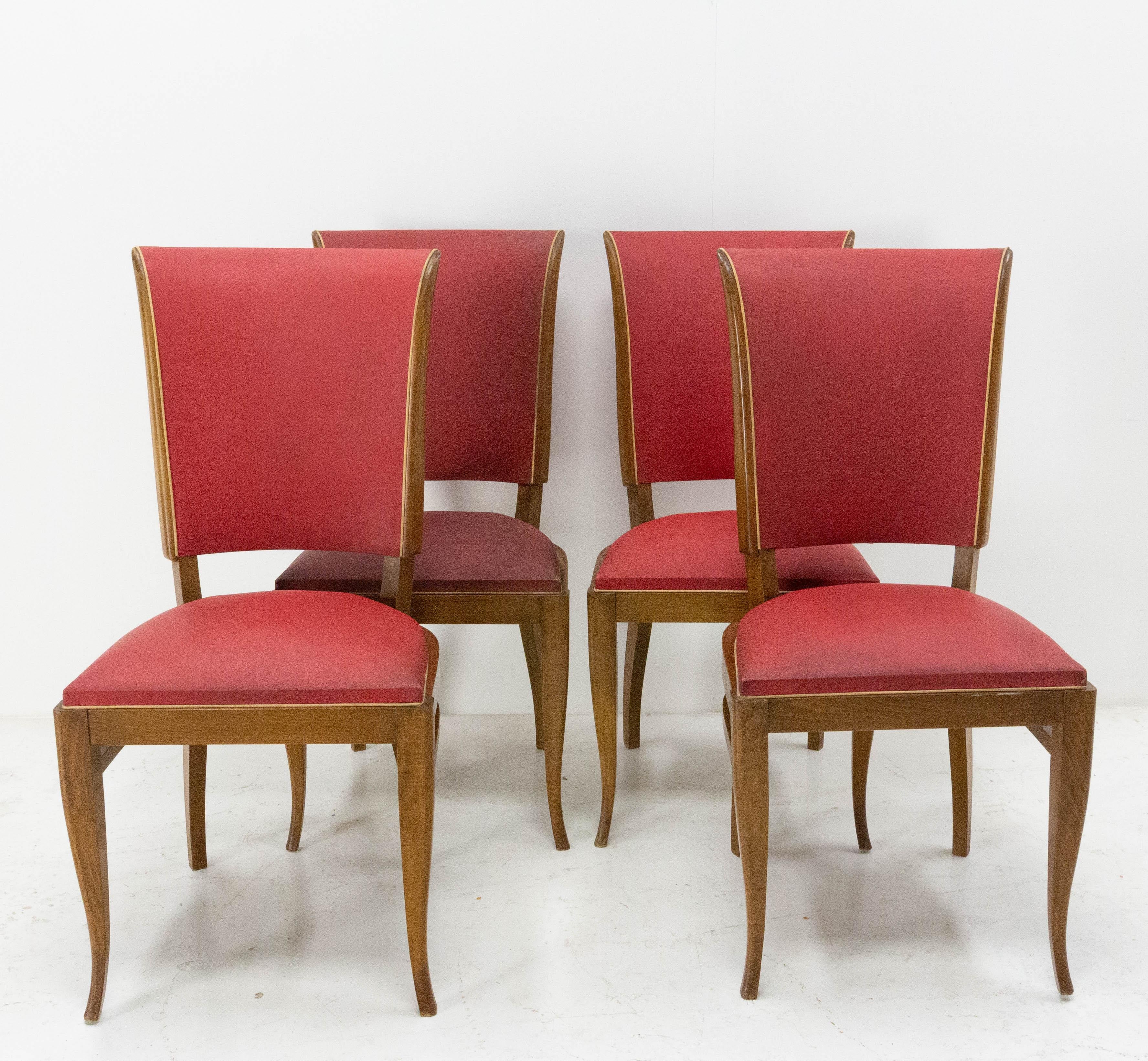 Four French dining chairs, midcentury
Beech and moleskin 
Sound and solid.

Shipping: 
2 packs, L70 P47 H95 14 kg each.