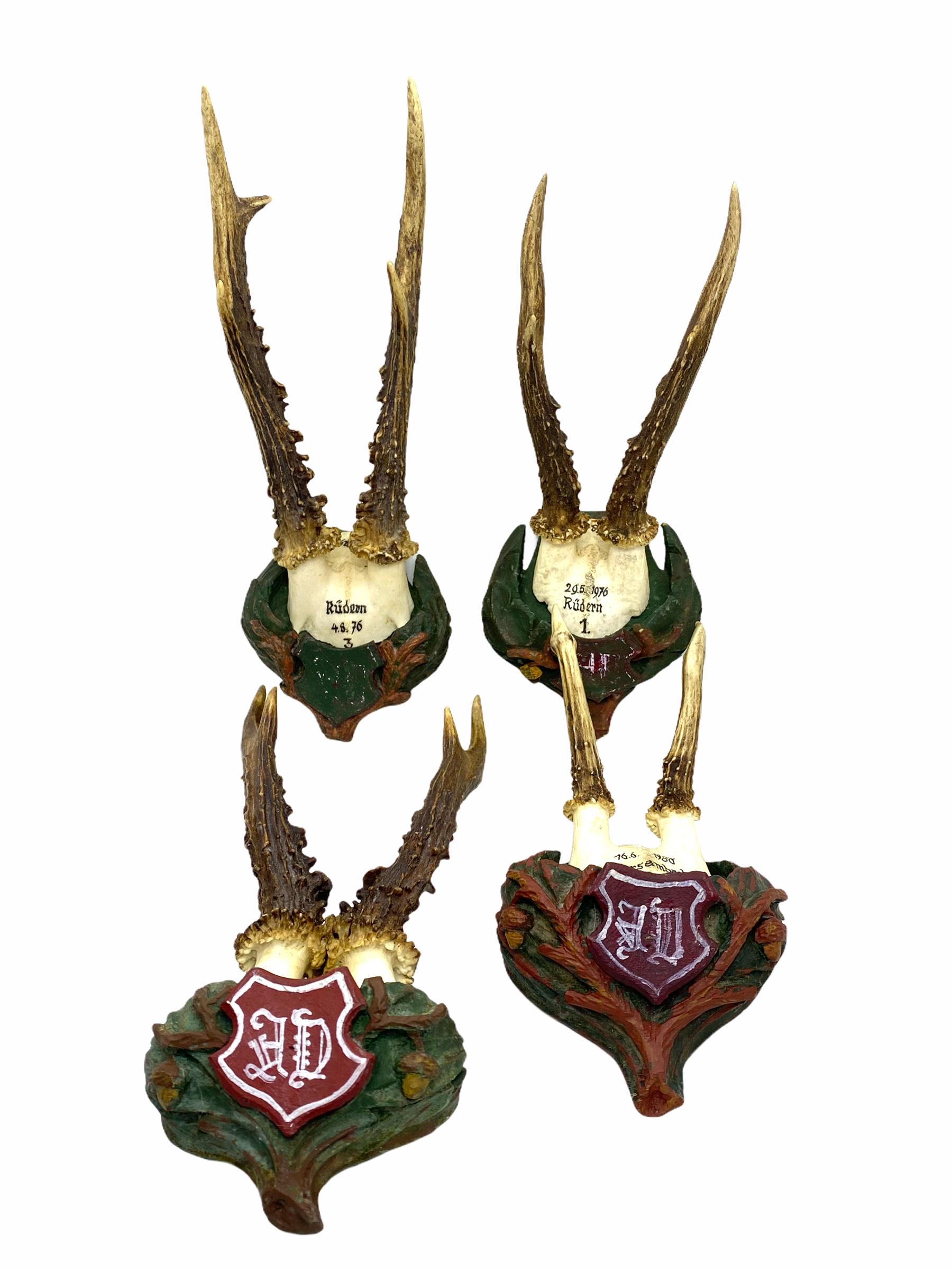 Hand-Carved Four Vintage Black Forest Deer Antler Trophies, Wood Carved Plaque, Austria