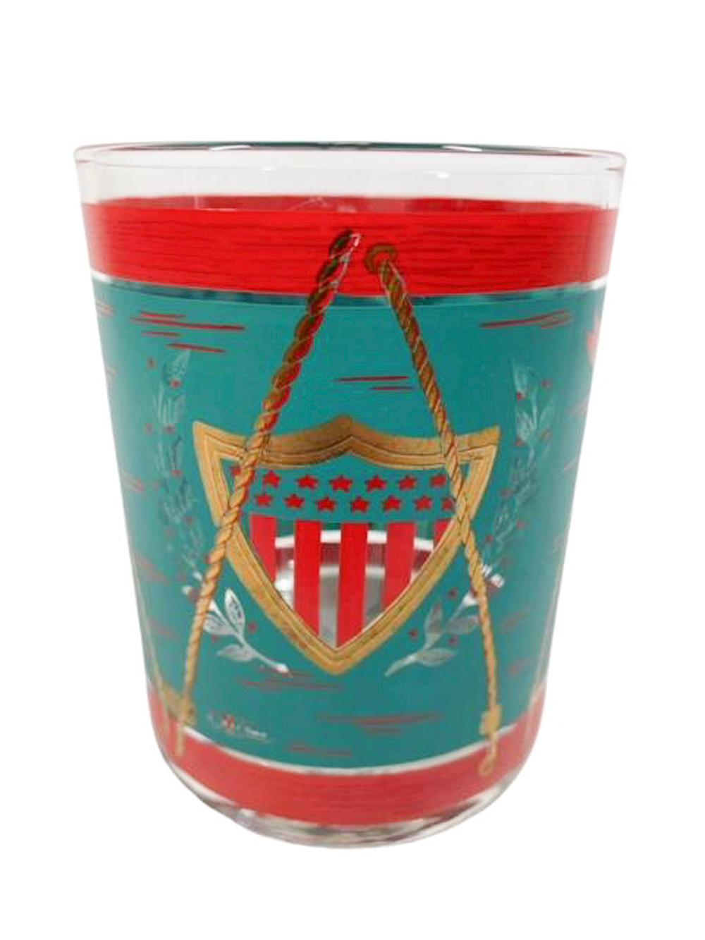 Mid-Century Modern Four Vintage Cera Parade Drum Rocks Glasses with Eagle and Shield Design For Sale