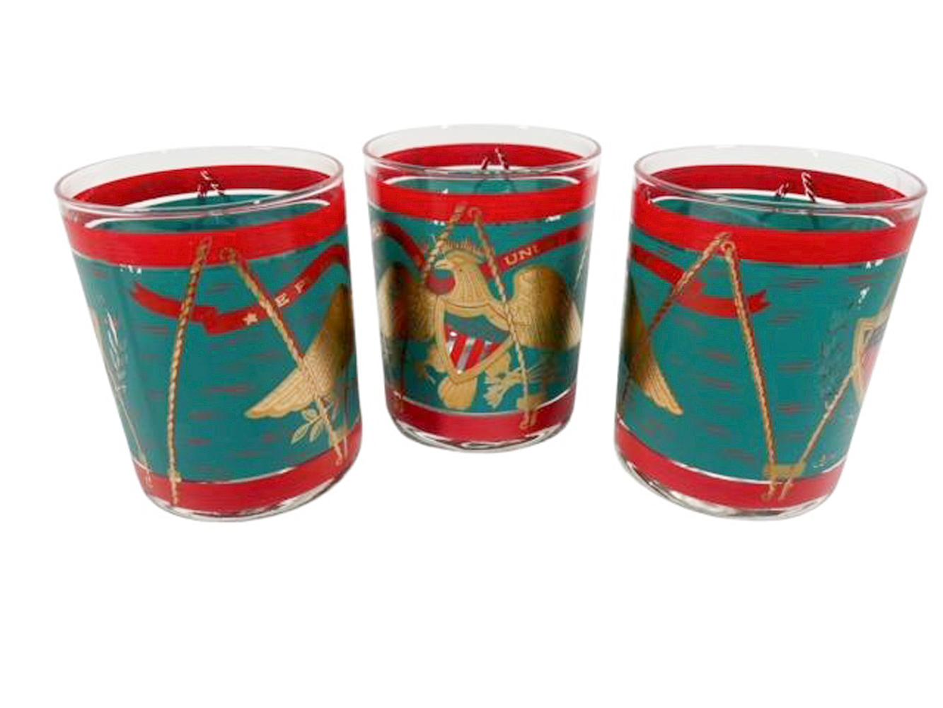 American Four Vintage Cera Parade Drum Rocks Glasses with Eagle and Shield Design For Sale