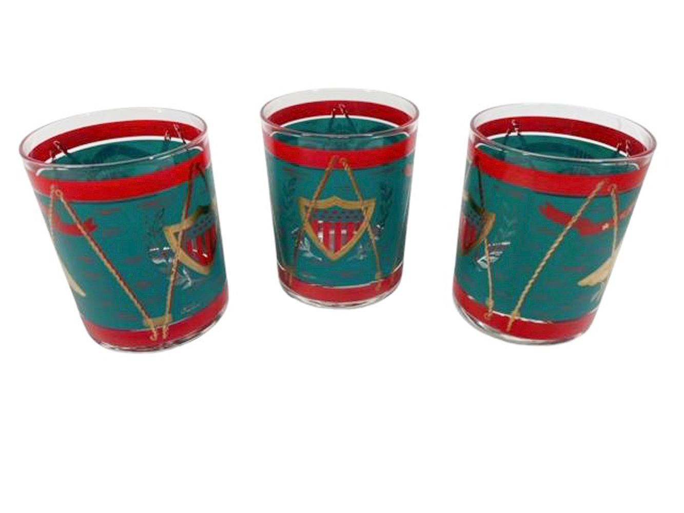 Four Vintage Cera Parade Drum Rocks Glasses with Eagle and Shield Design In Good Condition For Sale In Nantucket, MA