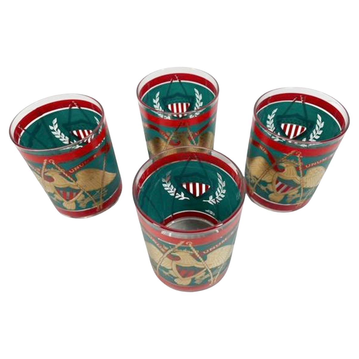 Four Vintage Cera Parade Drum Rocks Glasses with Eagle and Shield Design For Sale