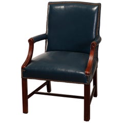 Four Vintage Chippendale Style Blue Leather Armchairs by Classic, 20th Century