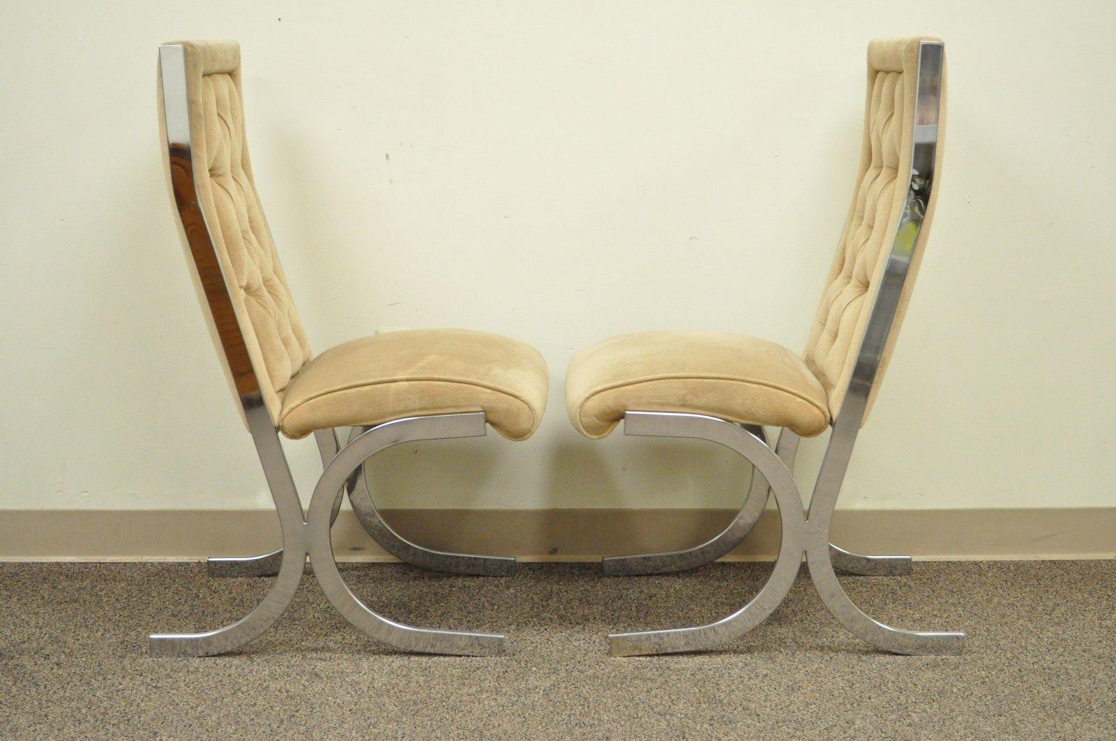 Mid-Century Modern Four Vintage Chrome X-Form Tufted Dining Chairs Milo Baughman Era