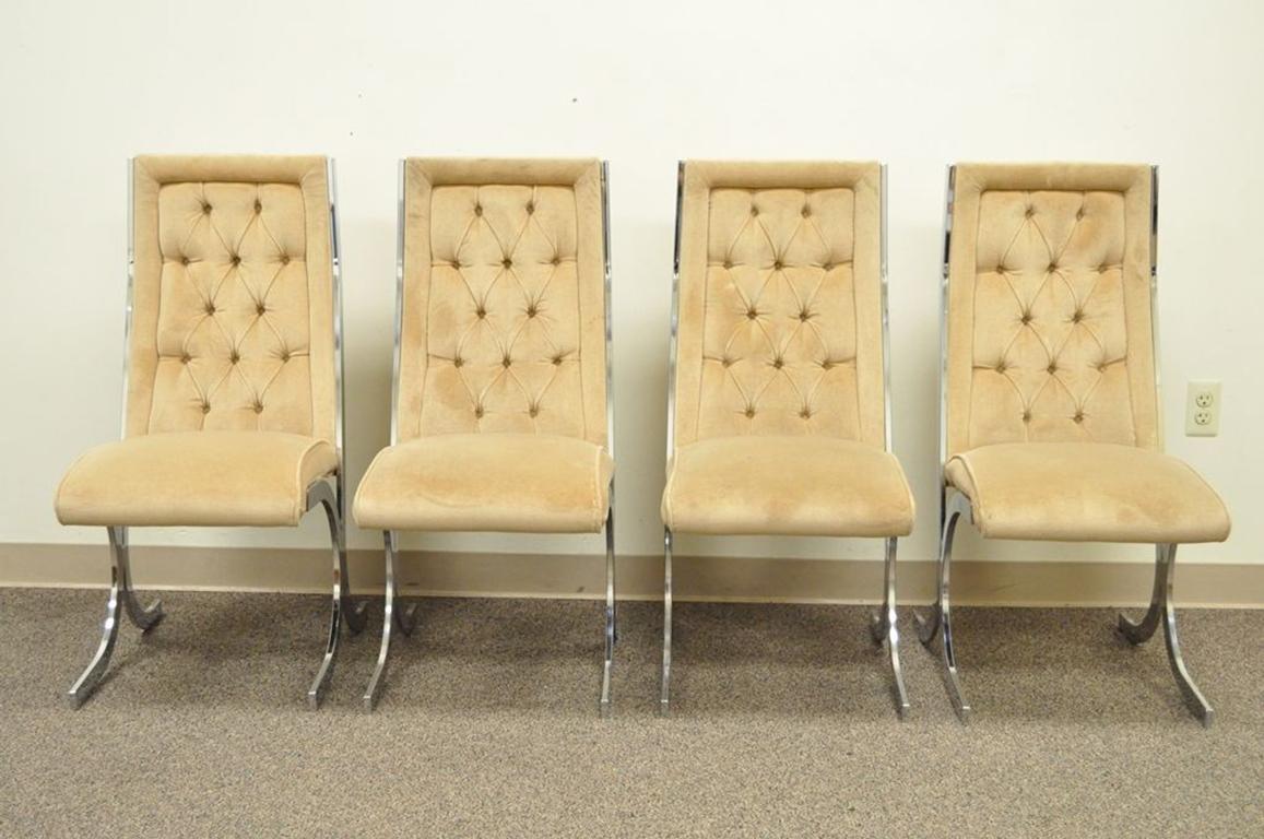 American Four Vintage Chrome X-Form Tufted Dining Chairs Milo Baughman Era