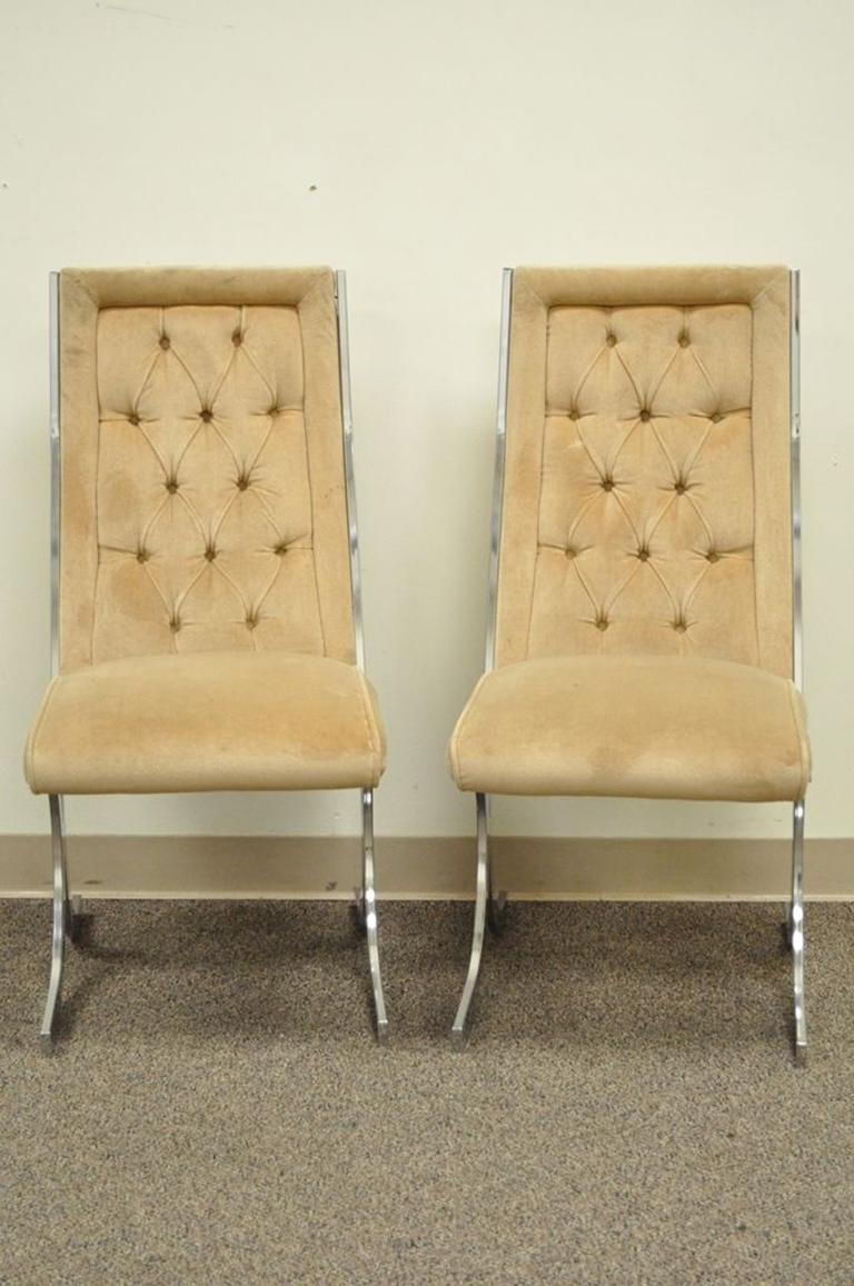 Four Vintage Chrome X-Form Tufted Dining Chairs Milo Baughman Era In Good Condition In Philadelphia, PA
