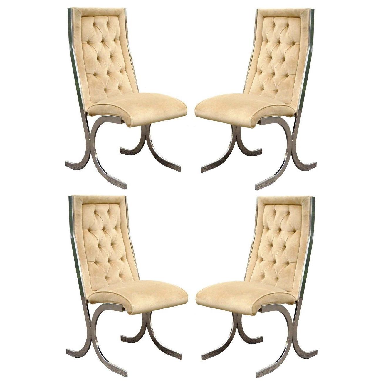 Four Vintage Chrome X-Form Tufted Dining Chairs Milo Baughman Era