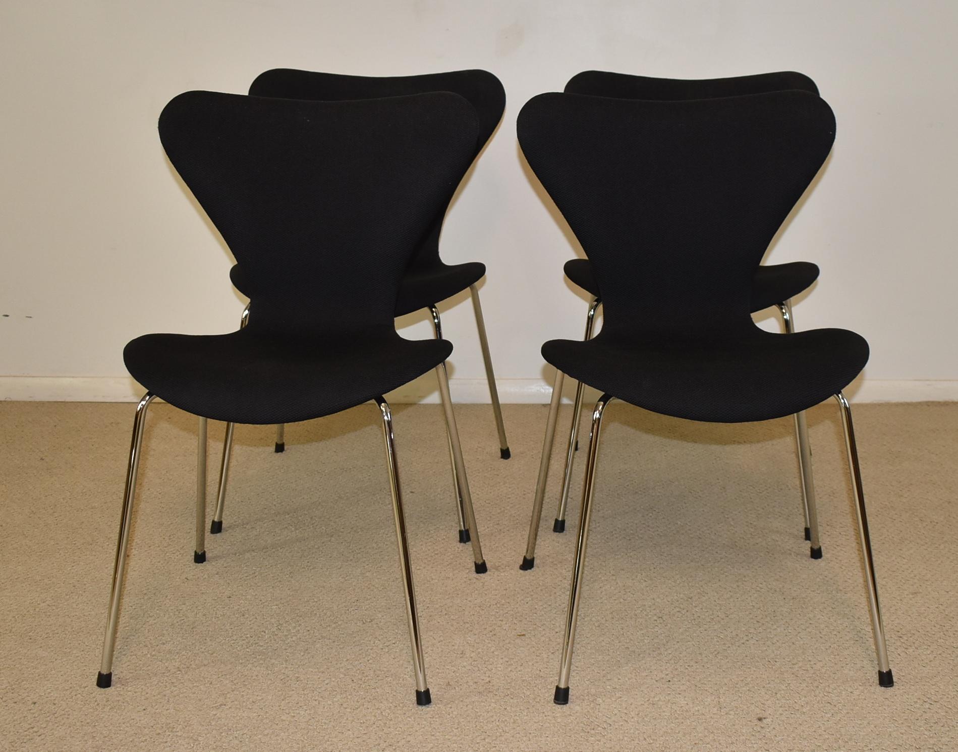 Four Mid-Century Modern chrome and fabric side chairs by Danish designer Fritz Hanson. Some light wear. No pitting in the chrome. Dimensions: 20.48