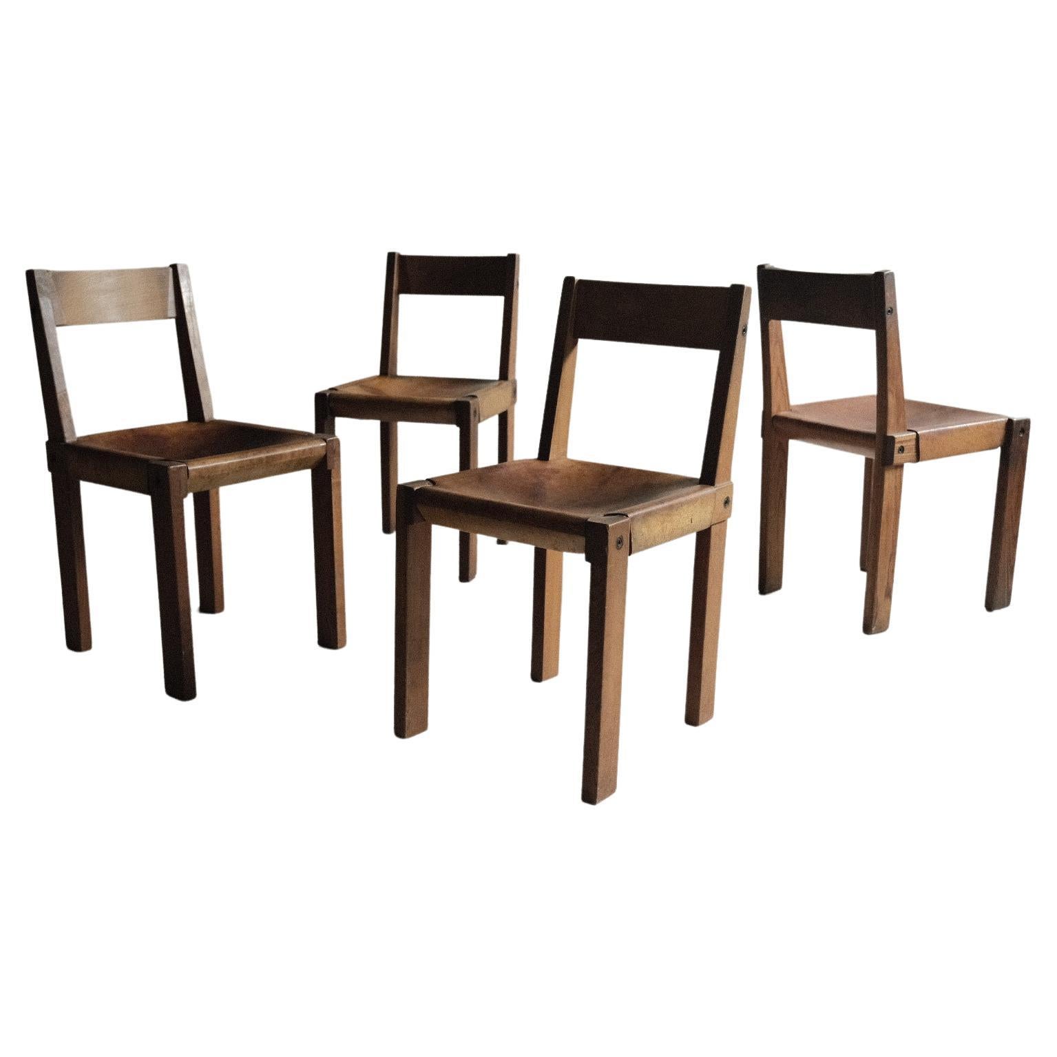 Four Vintage Dining Chairs by Pierre Chapo, Model No. S21, France, C. Late 1960s